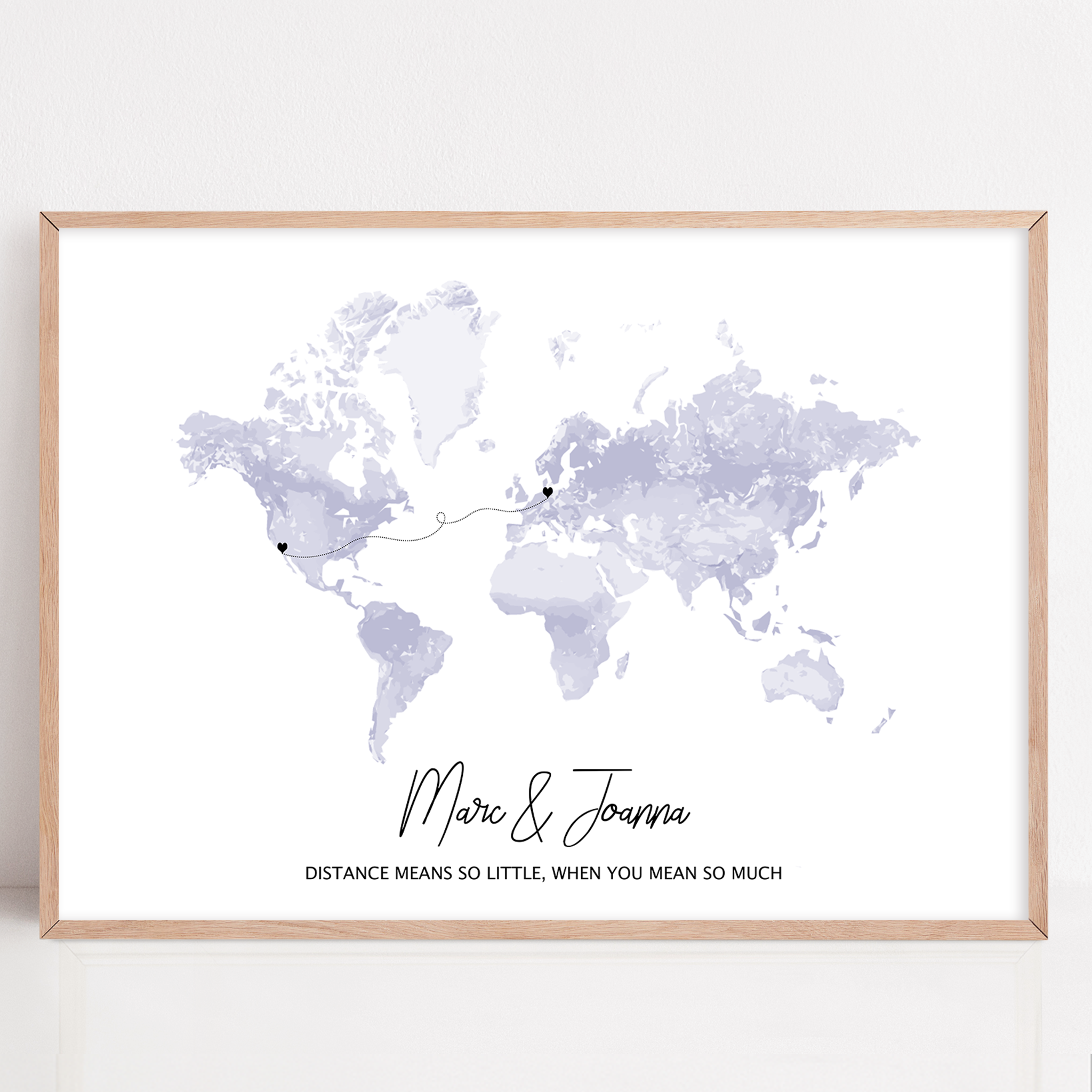 long distance custom gift framed map print with names and two locations for long distance relationship