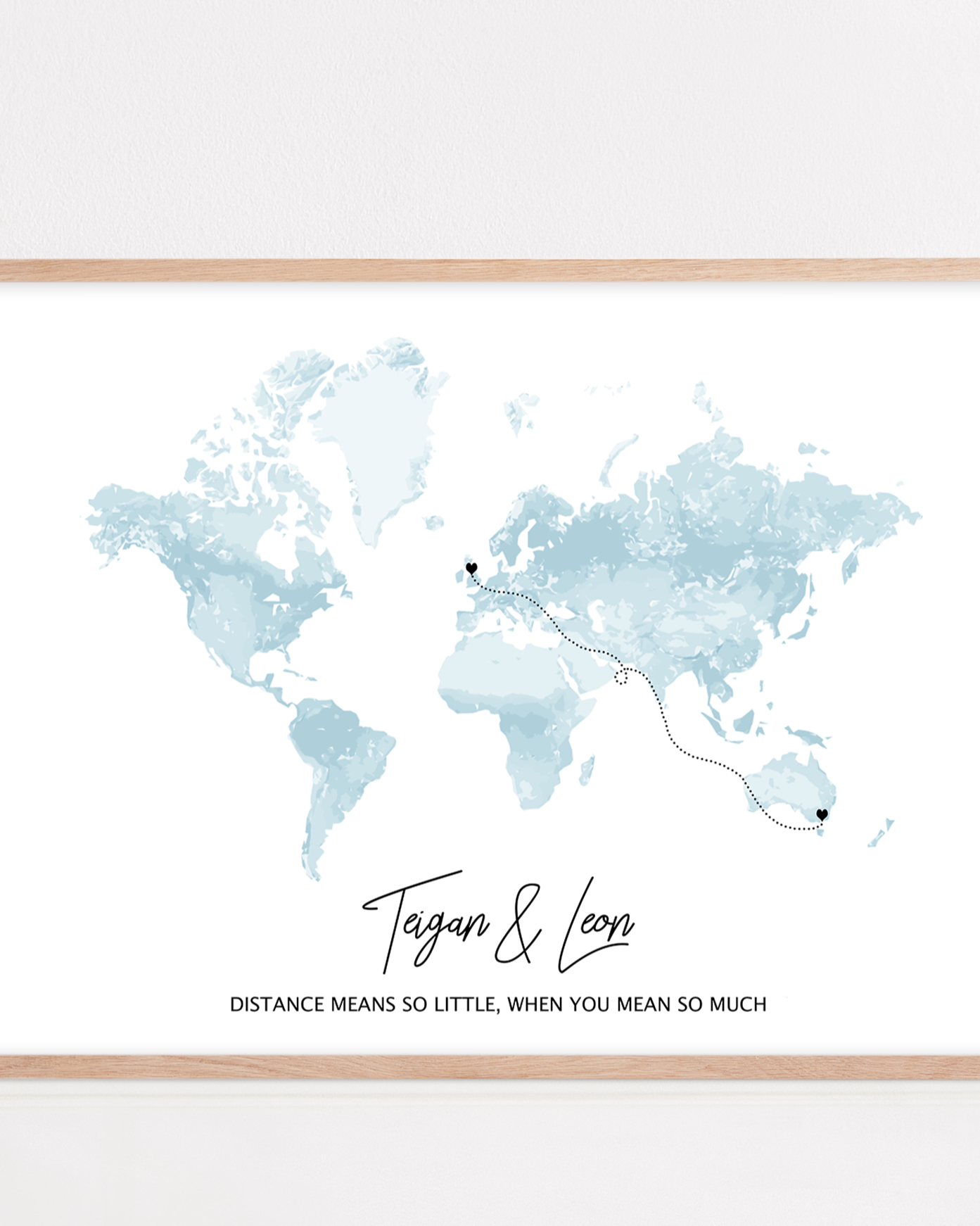 long distance custom gift framed map print with names and two locations for long distance relationship