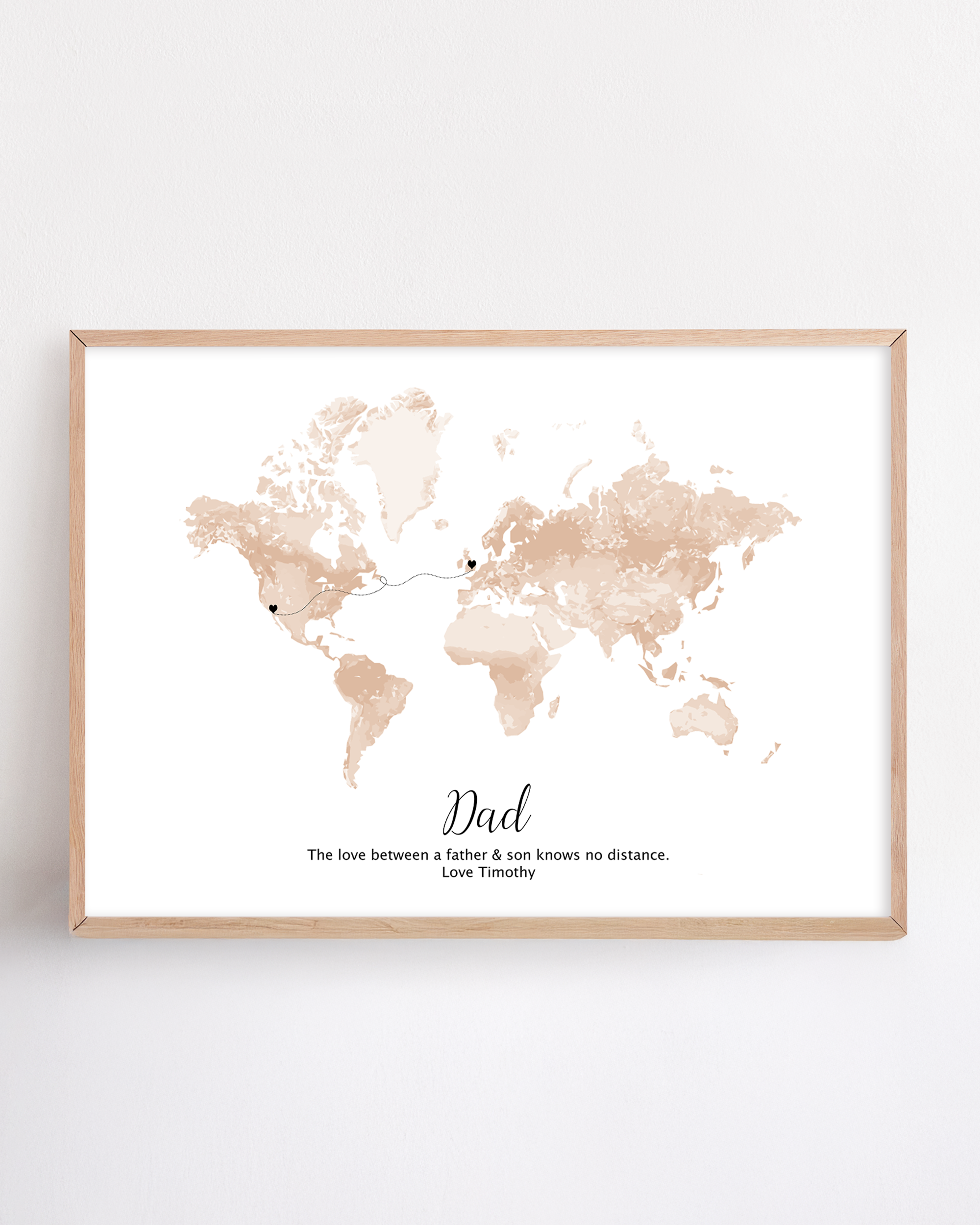 Custom long-distance dad gift featuring a world map with hearts connecting two locations—symbolizing the bond between father and child across distance.