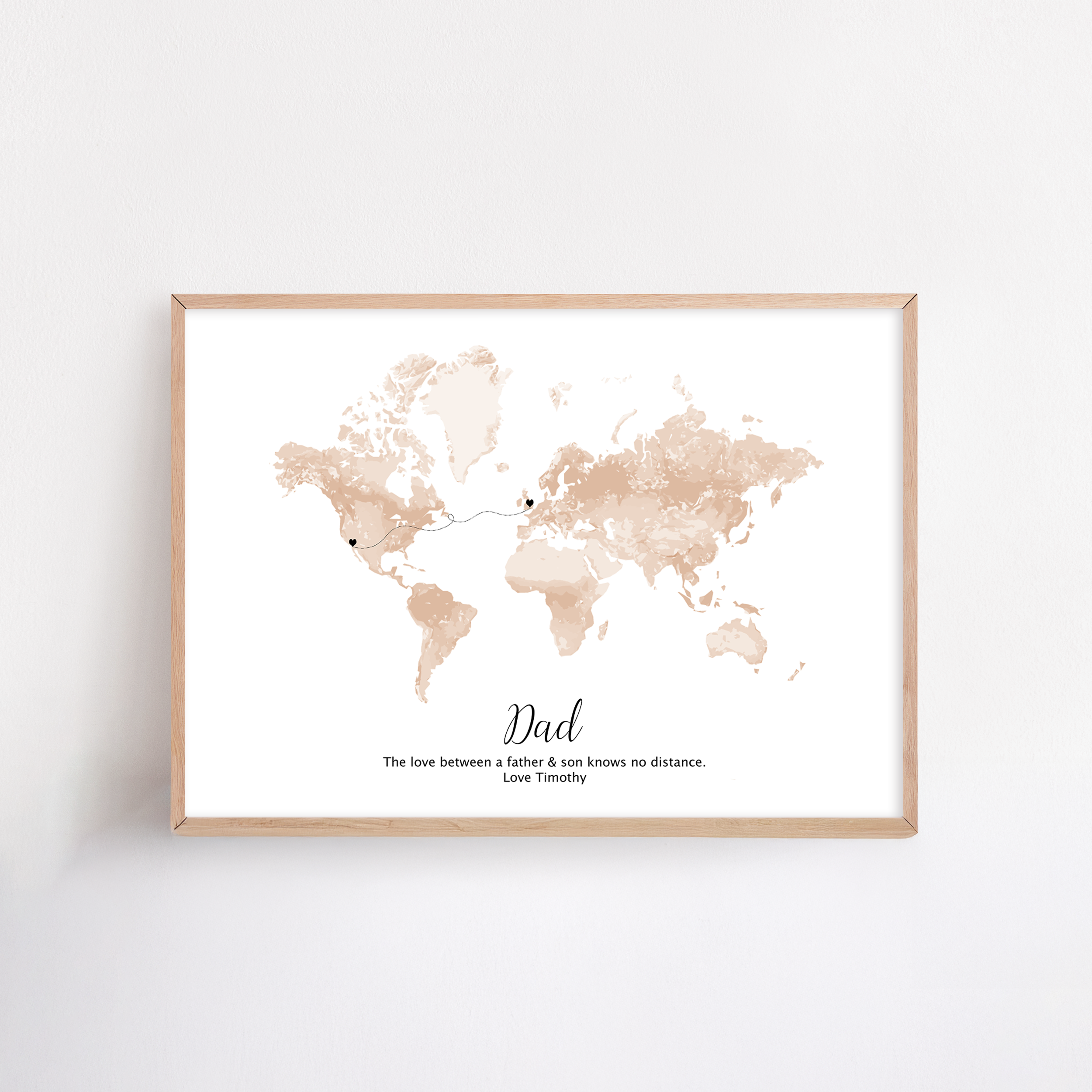 Custom long-distance dad gift featuring a world map with hearts connecting two locations—symbolizing the bond between father and child across distance.