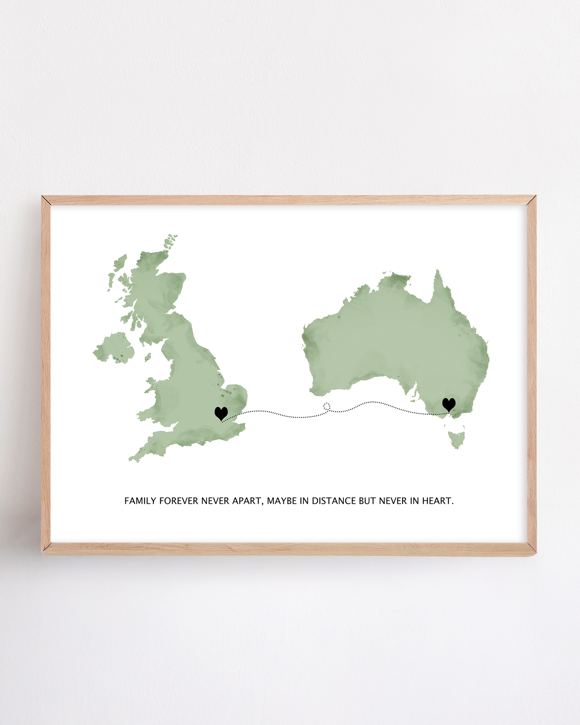 Long Distance Family Gift framed print London to Australia, Long Distance Map Print, Maybe in distance, never in heart quote