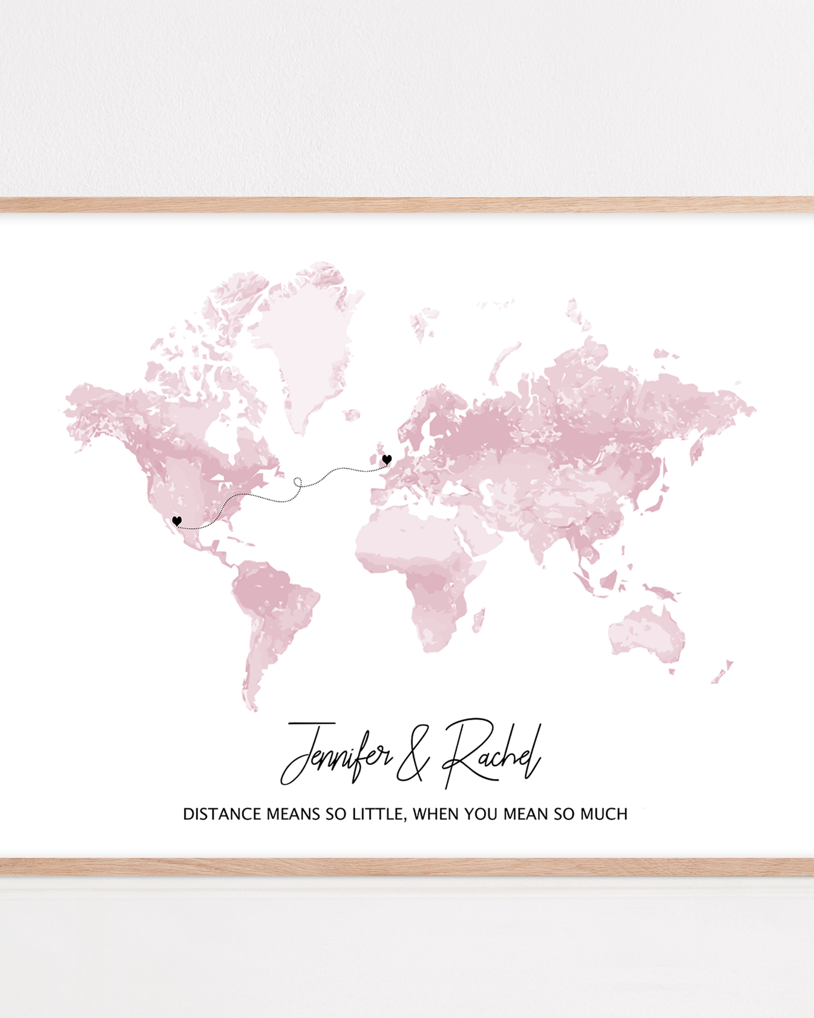 long distance custom gift framed map print with names and two locations for long distance relationship