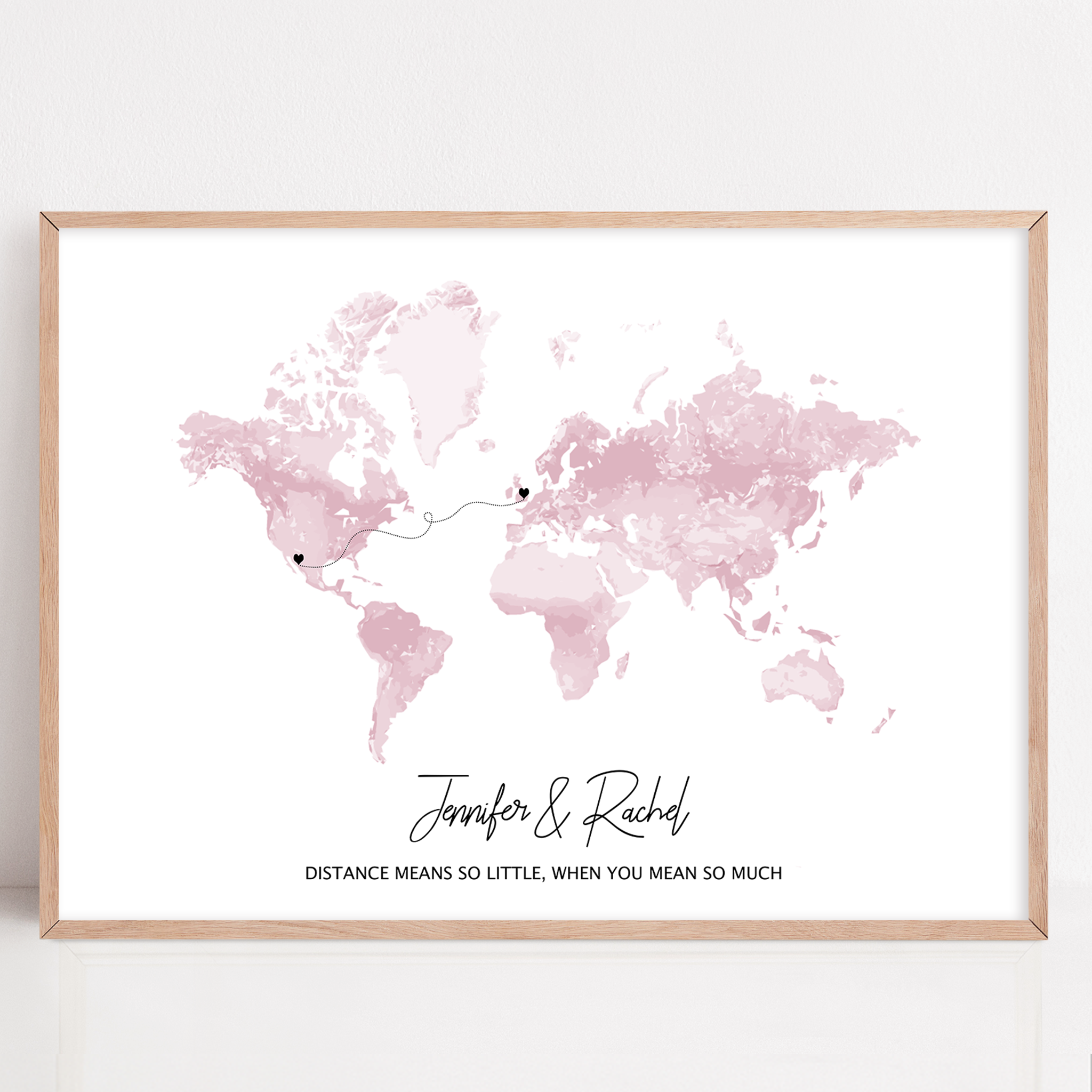 long distance custom gift framed map print with names and two locations for long distance relationship