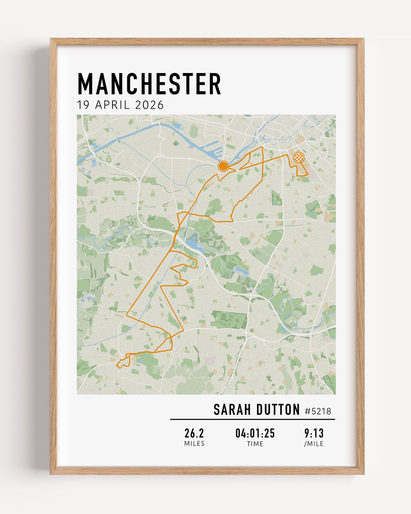 Custom Manchester Marathon route map poster featuring a personalised GPX track and runner statistics on a minimalist white background.