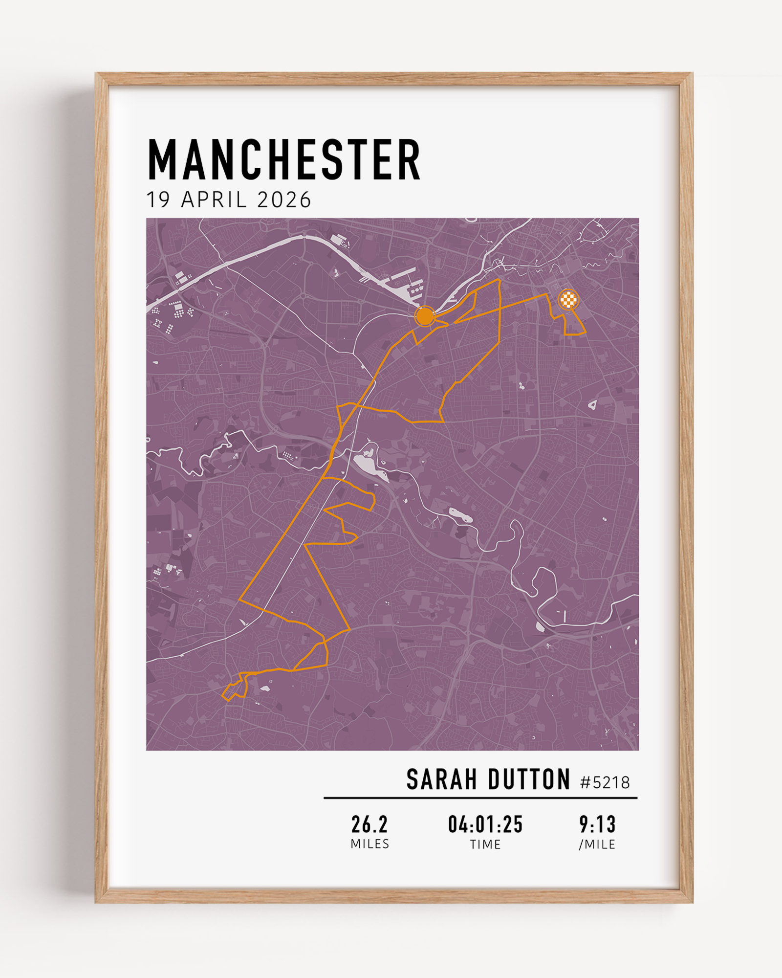 Personalised Manchester Marathon achievement print displaying the runner name, finish time, and official 5k split intervals.