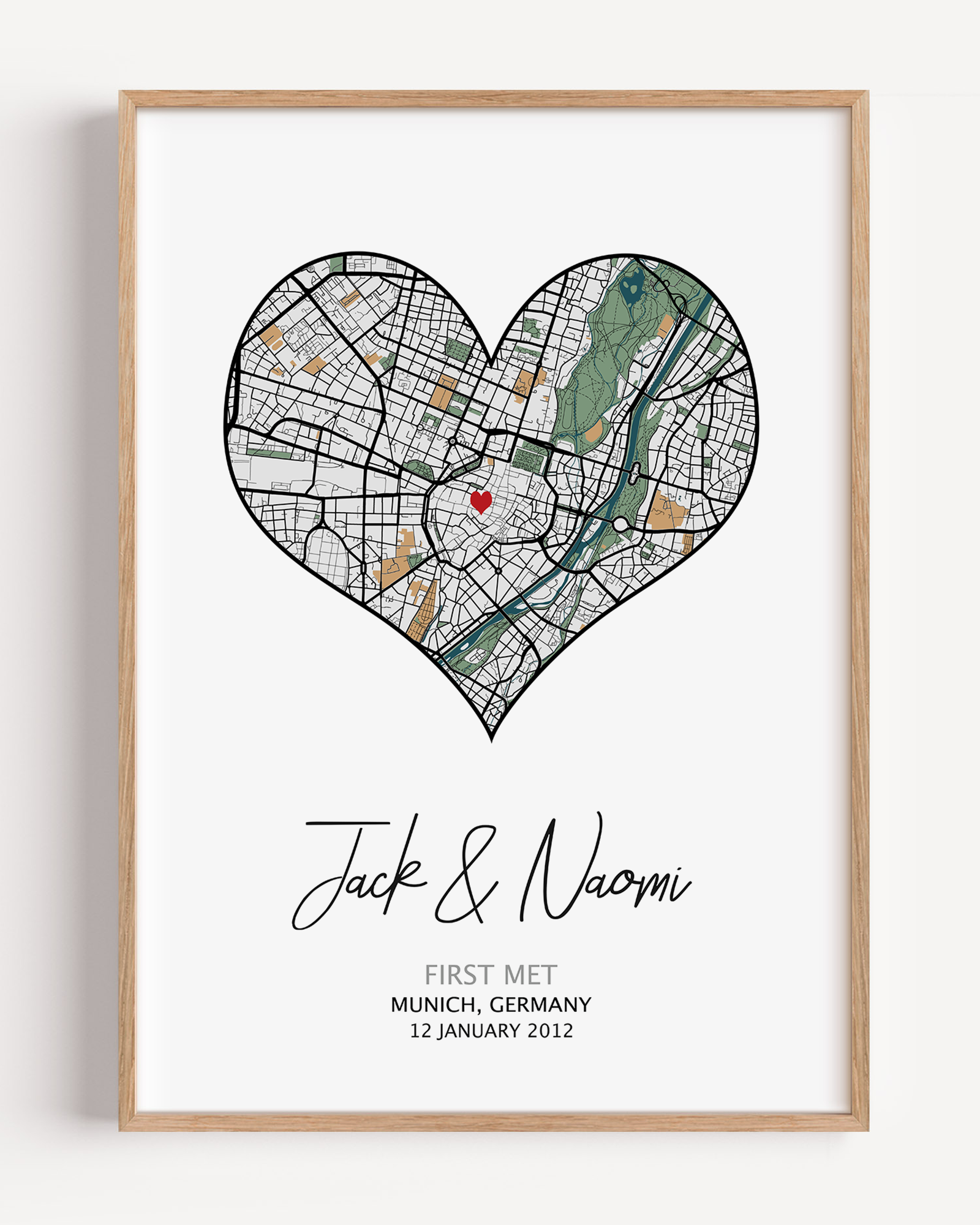 Heart-shaped map print with personalized text of where we first met