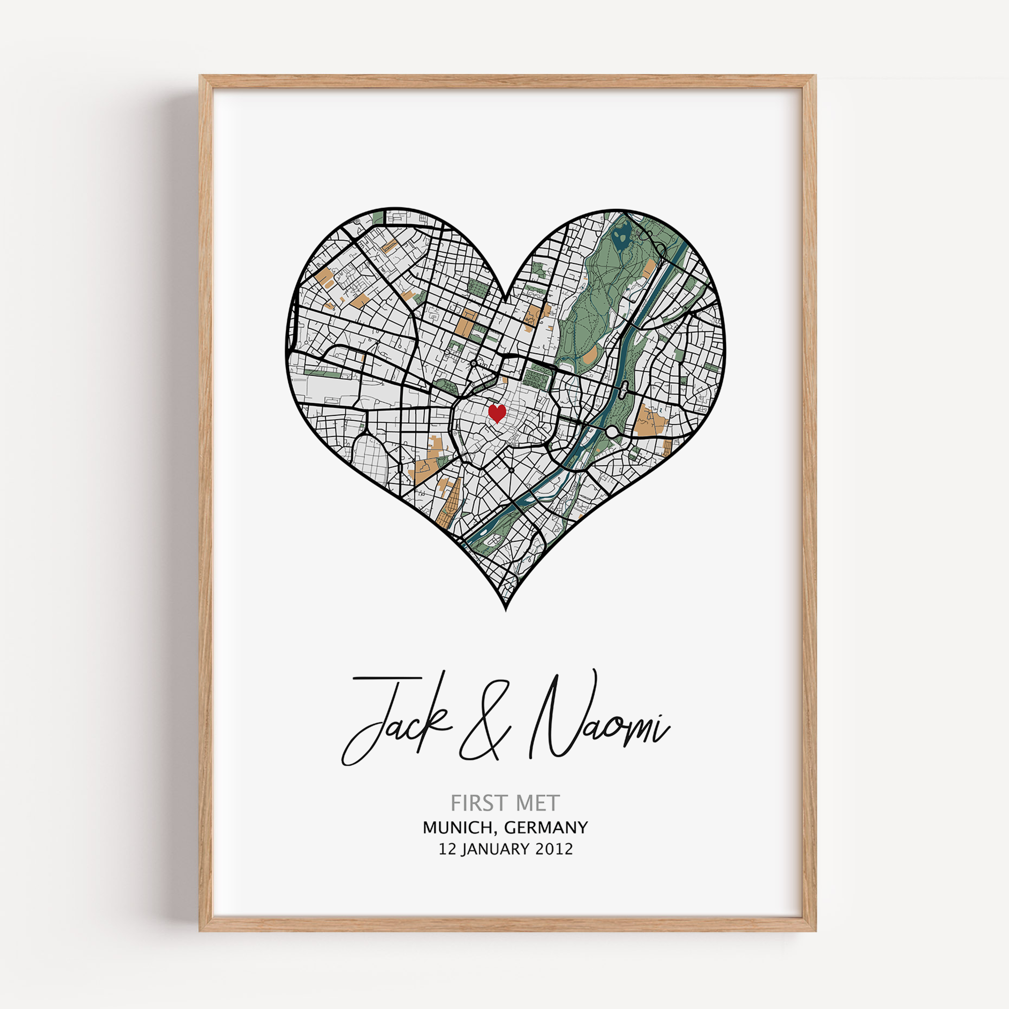 Heart-shaped map print with personalized text of where we first met