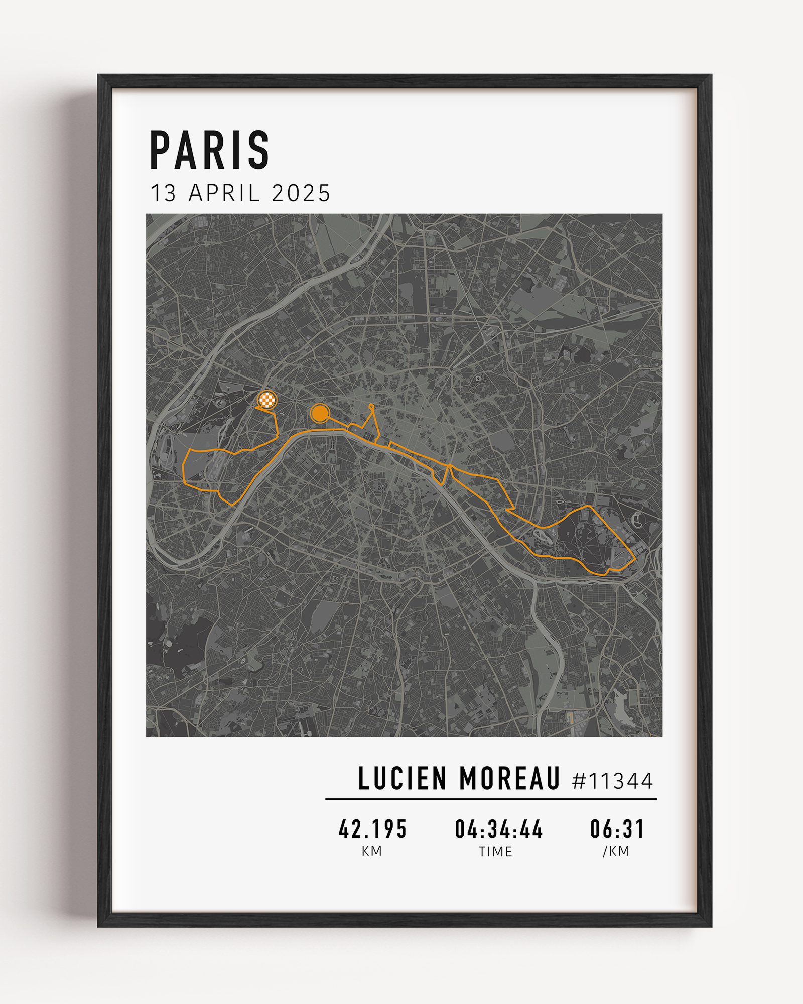 Marathon de Paris Print Gift for Runners Post Race Gift, framed Paris marathon route print with custom statistics and time. Showcase the marathon map poster