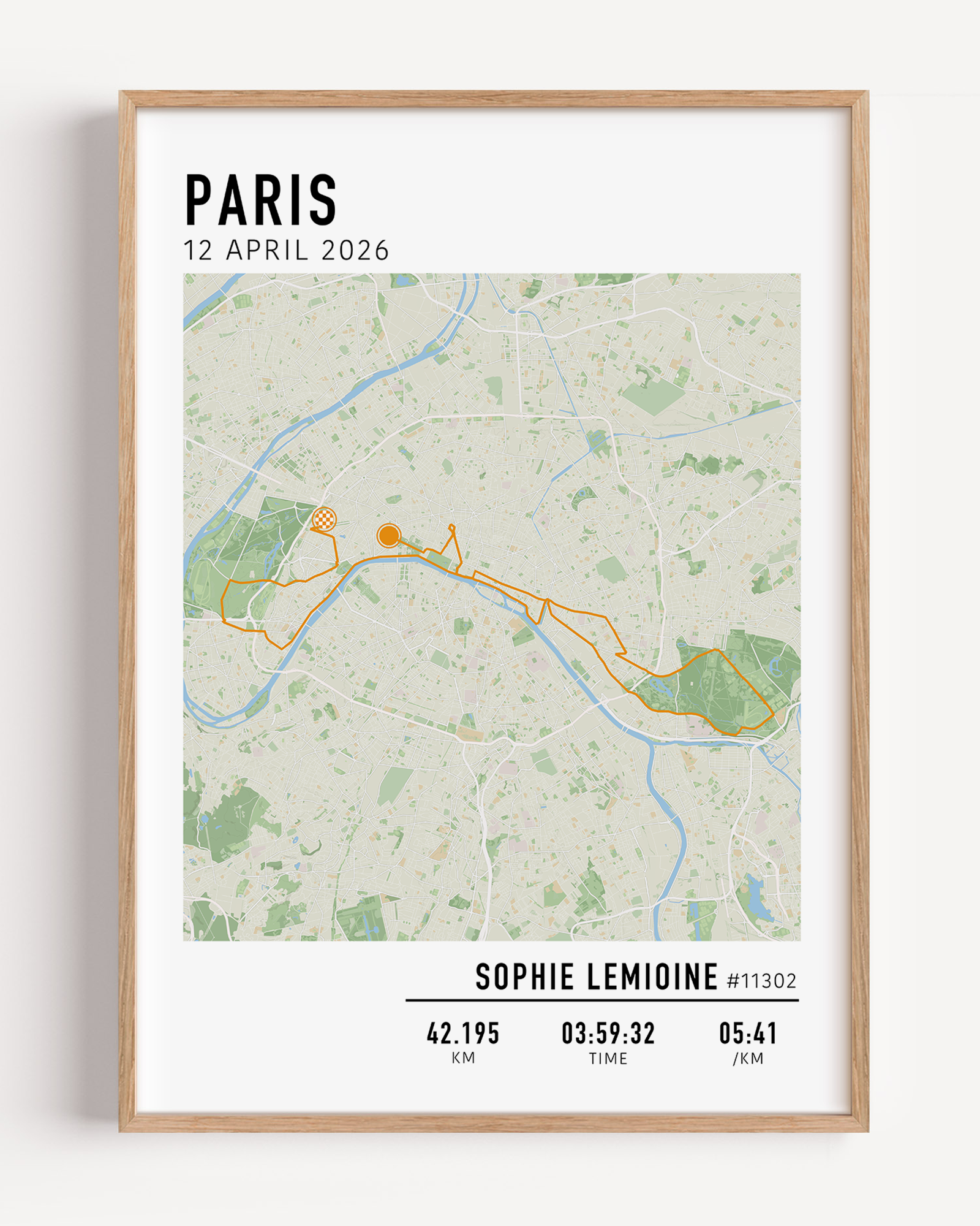 Marathon de Paris Print Gift for Runners Post Race Gift, framed Paris marathon route print with custom statistics and time. Showcase the marathon map poster