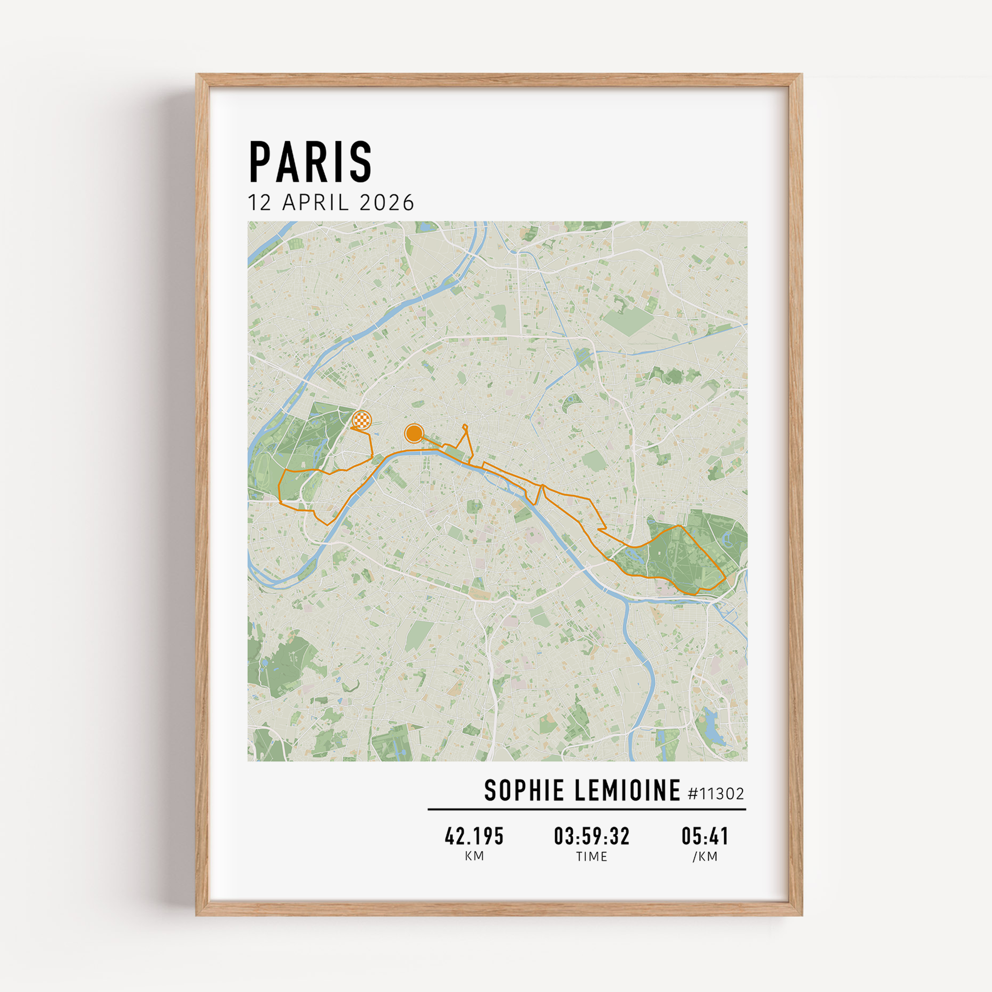 Marathon de Paris Print Gift for Runners Post Race Gift, framed Paris marathon route print with custom statistics and time. Showcase the marathon map poster