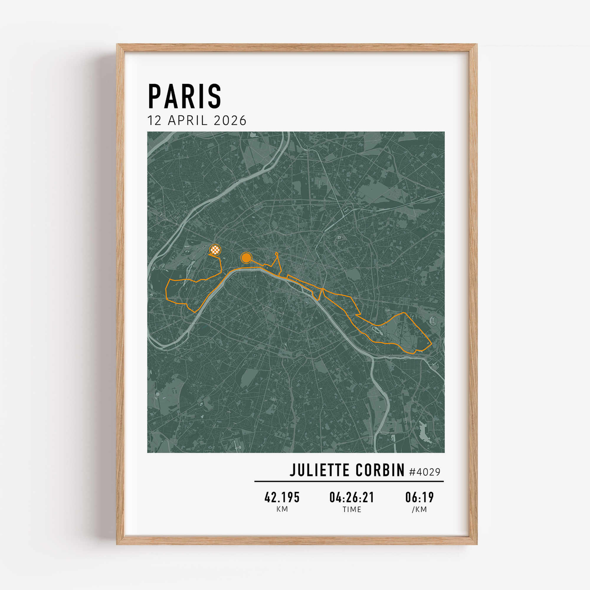 Marathon de Paris Print Gift for Runners Post Race Gift, framed Paris marathon route print with custom statistics and time. Showcase the marathon map poster