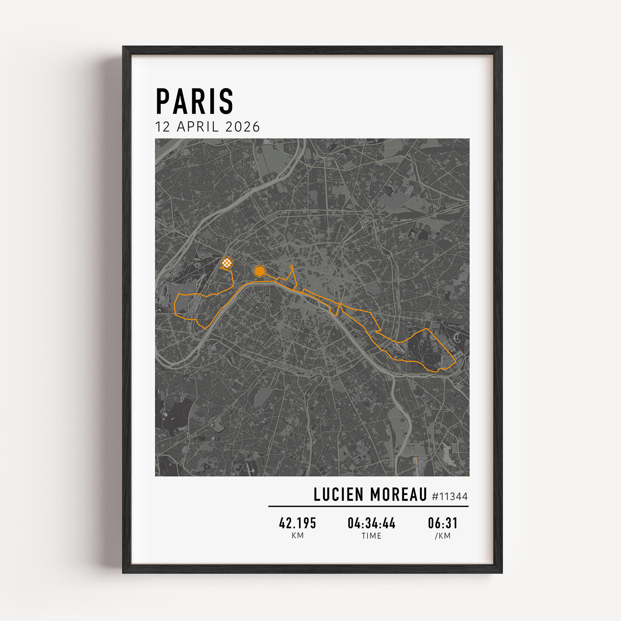 Marathon de Paris Print Gift for Runners Post Race Gift, framed Paris marathon route print with custom statistics and time. Showcase the marathon map poster