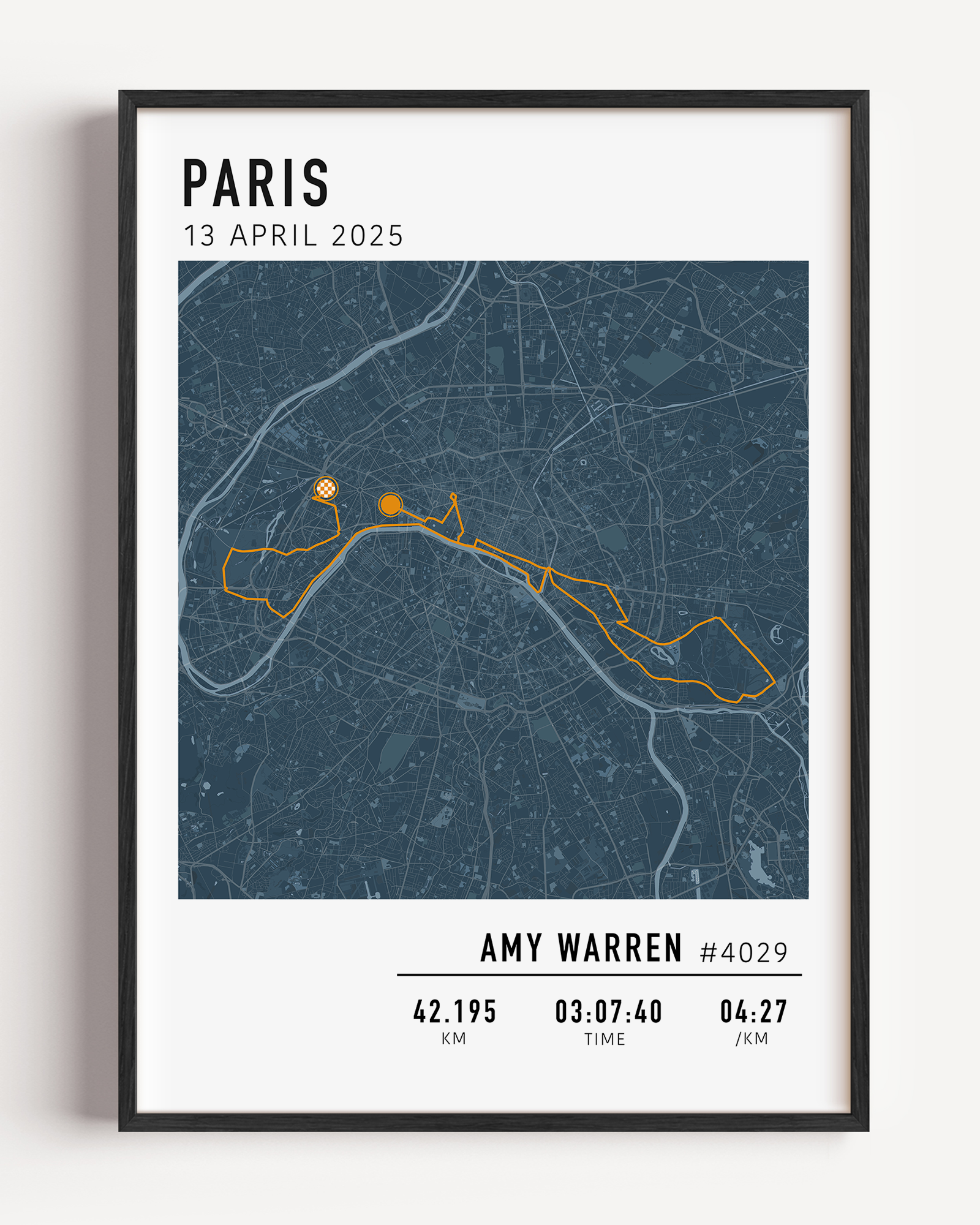 Marathon de Paris Print Gift for Runners Post Race Gift, framed Paris marathon route print with custom statistics and time. Showcase the marathon map poster