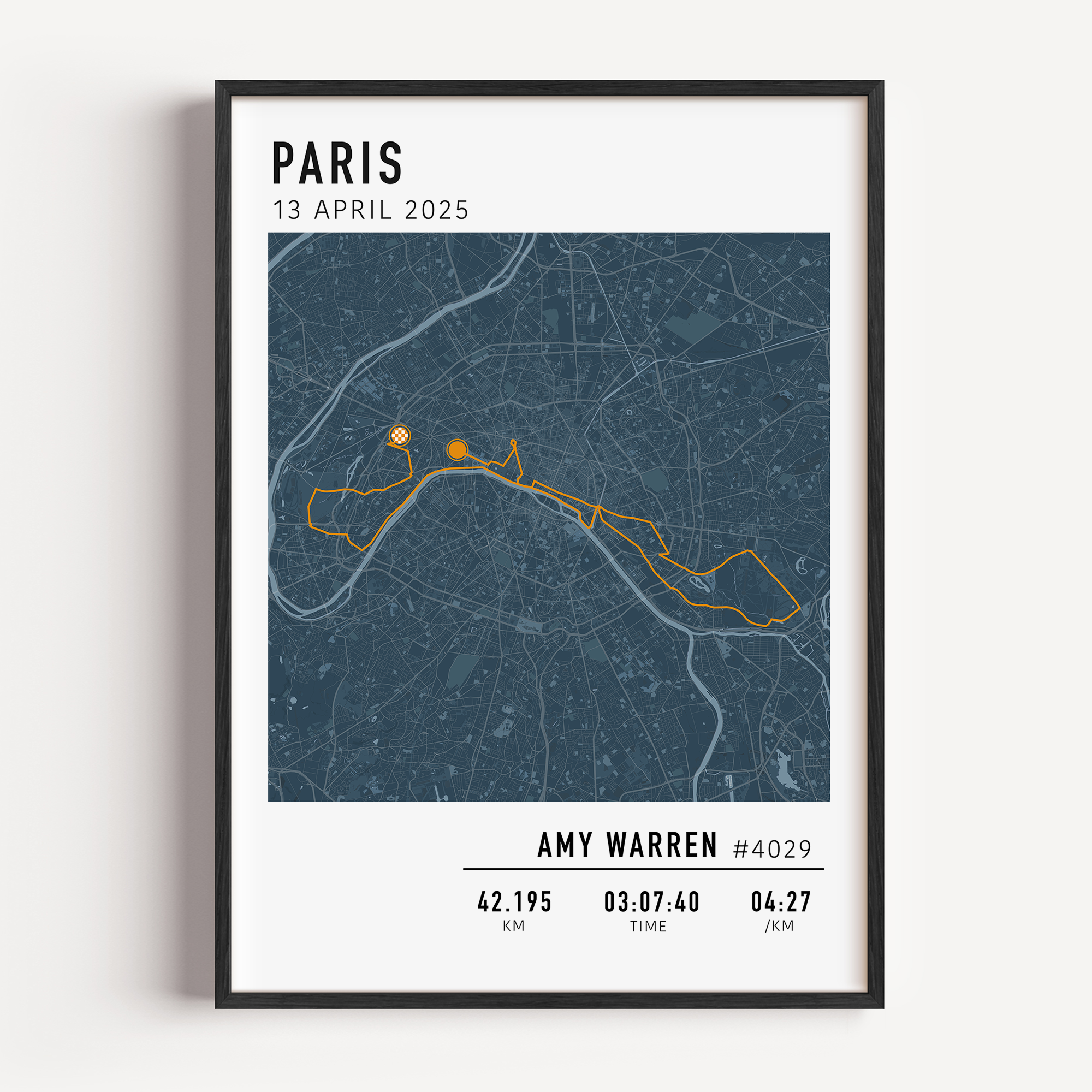 Marathon de Paris Print Gift for Runners Post Race Gift, framed Paris marathon route print with custom statistics and time. Showcase the marathon map poster