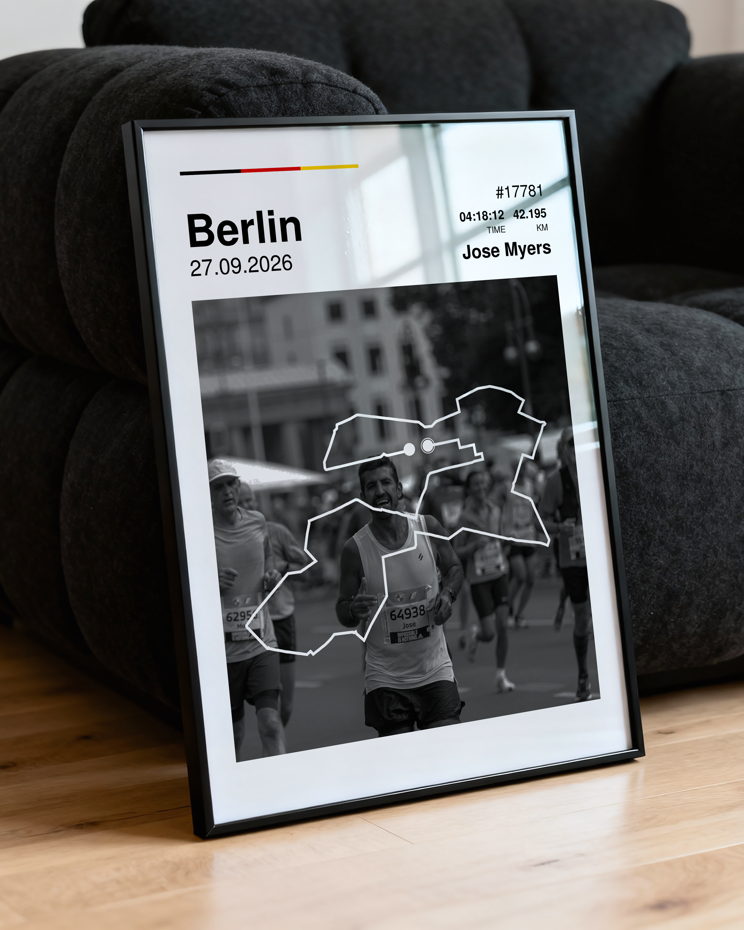 Custom Berlin Marathon finisher poster featuring a personalized runner photo, a white route map overlay, personalized race stats, and German flag colors.