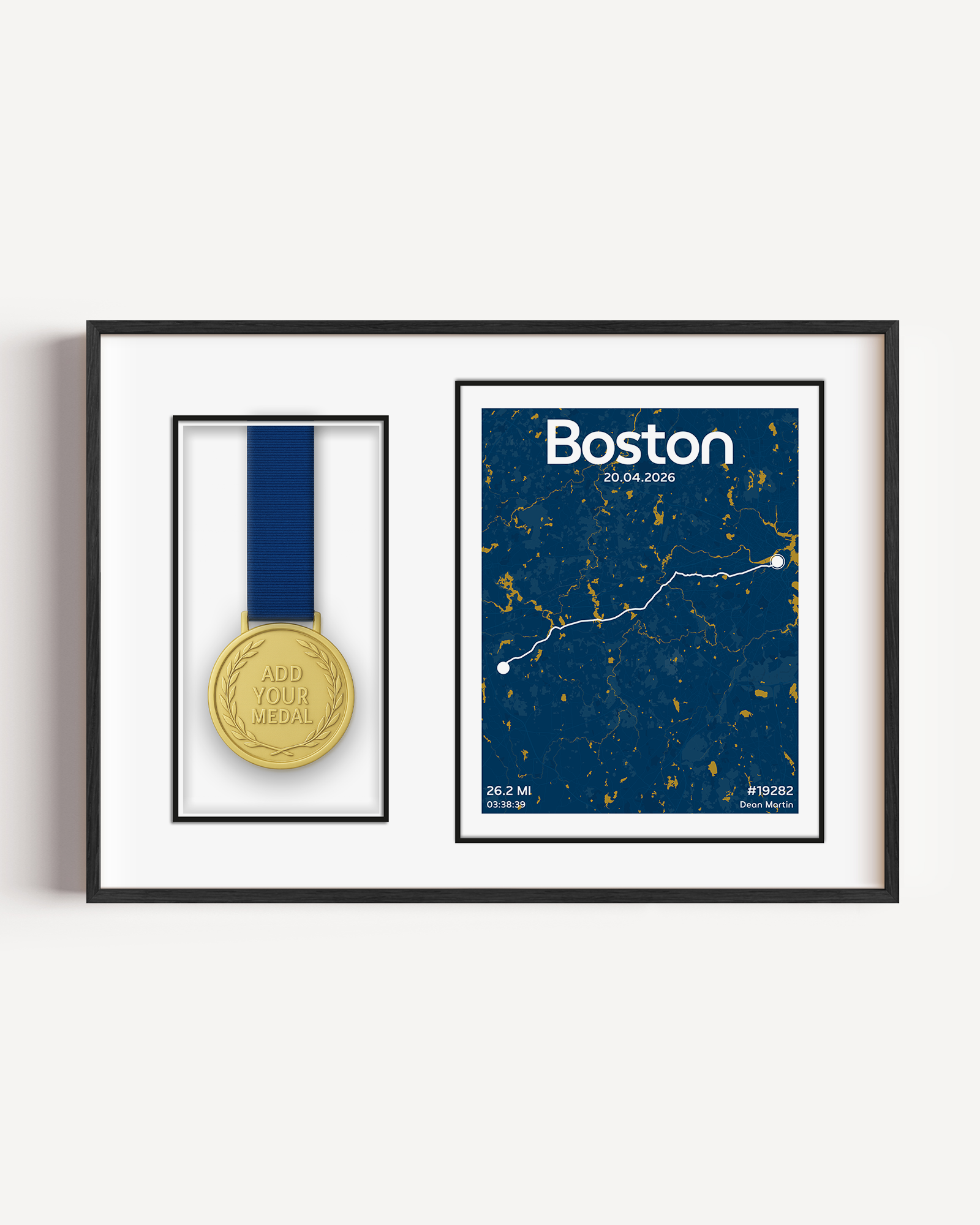 medal display frame of any marathon or run, showing the course and all stats from the run with a place for the medal to be displayed