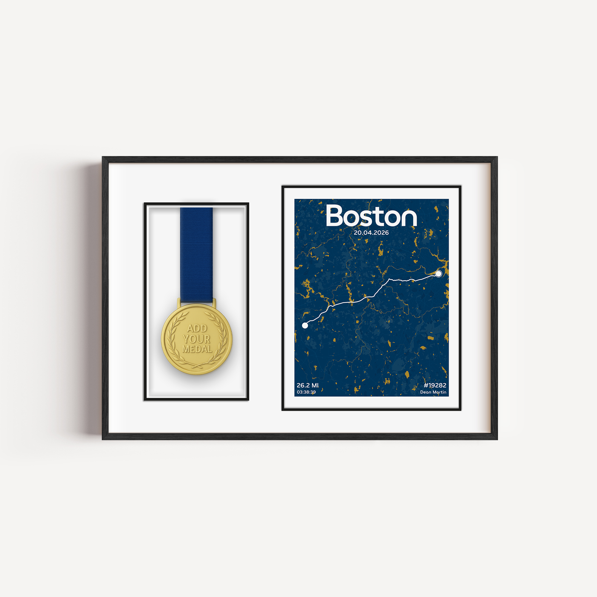 medal display frame of any marathon or run, showing the course and all stats from the run with a place for the medal to be displayed