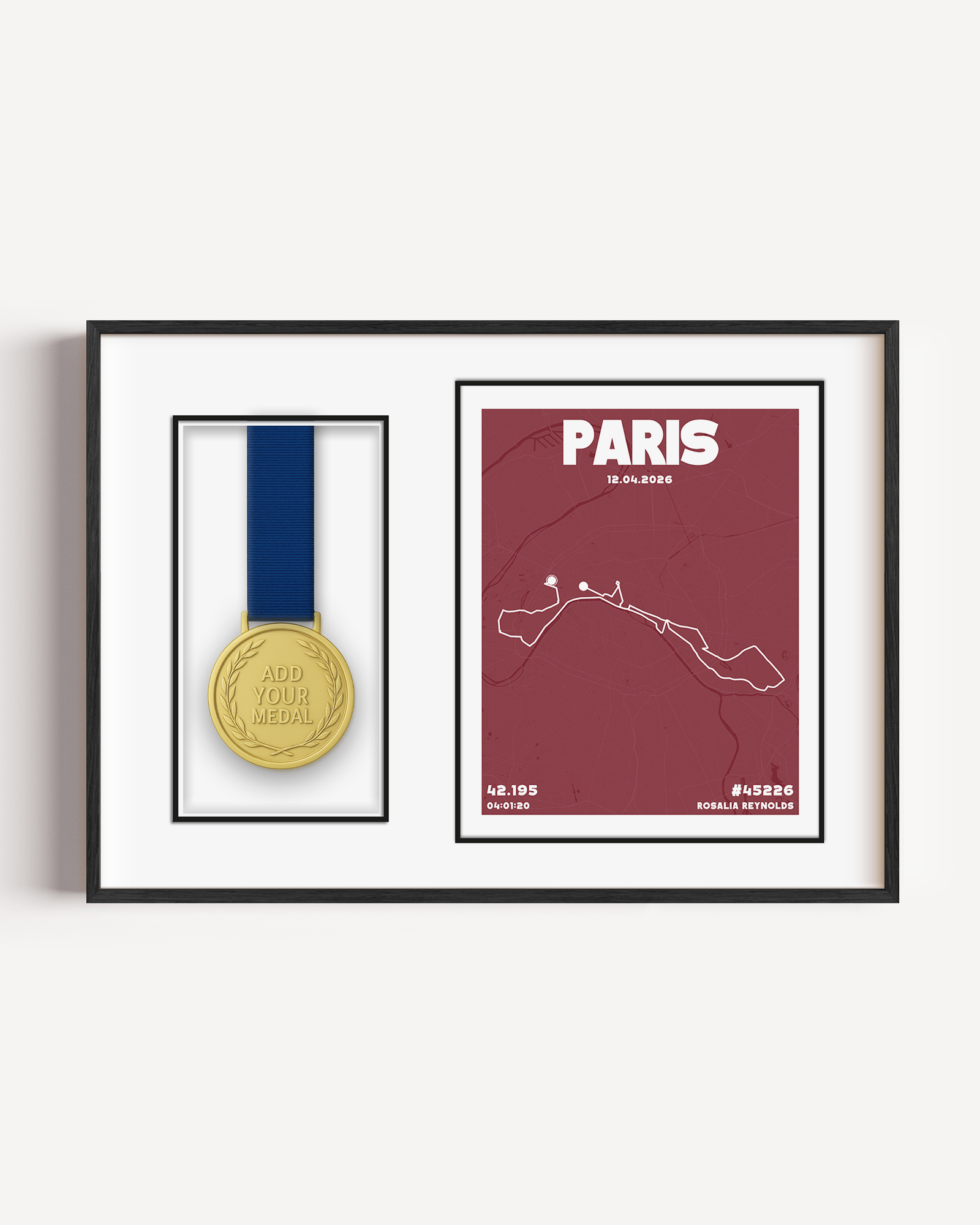 paris marathon medal display frame of any marathon or run, showing the course and all stats from the run with a place for the medal to be displayed