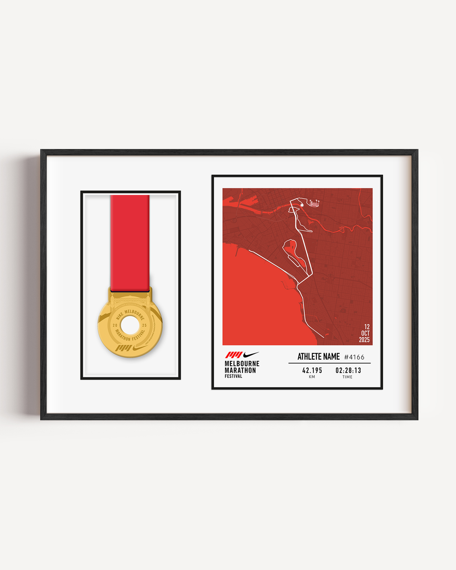 Celebrate your run with the Official 2025 Melbourne Marathon Medal Display Frame, featuring a personalised print of the full race course to the MCG alongside your name, bib number, and finish time—professionally framed beside your finisher’s medal in a sleek commemorative design.