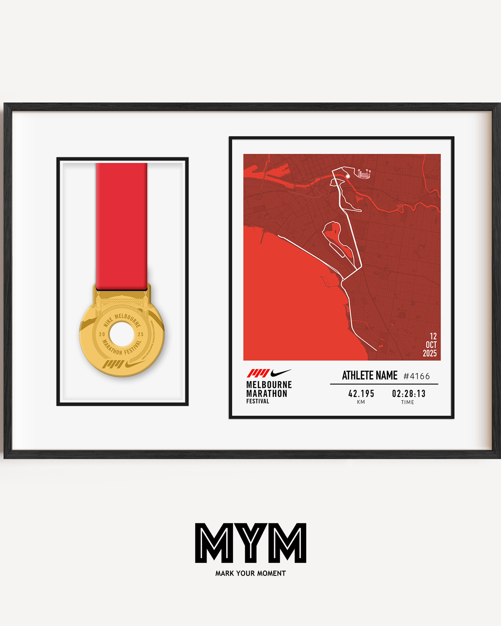 Celebrate your run with the Official 2025 Melbourne Marathon Medal Display Frame, featuring a personalised print of the full race course to the MCG alongside your name, bib number, and finish time—professionally framed beside your finisher’s medal in a sleek commemorative design.
