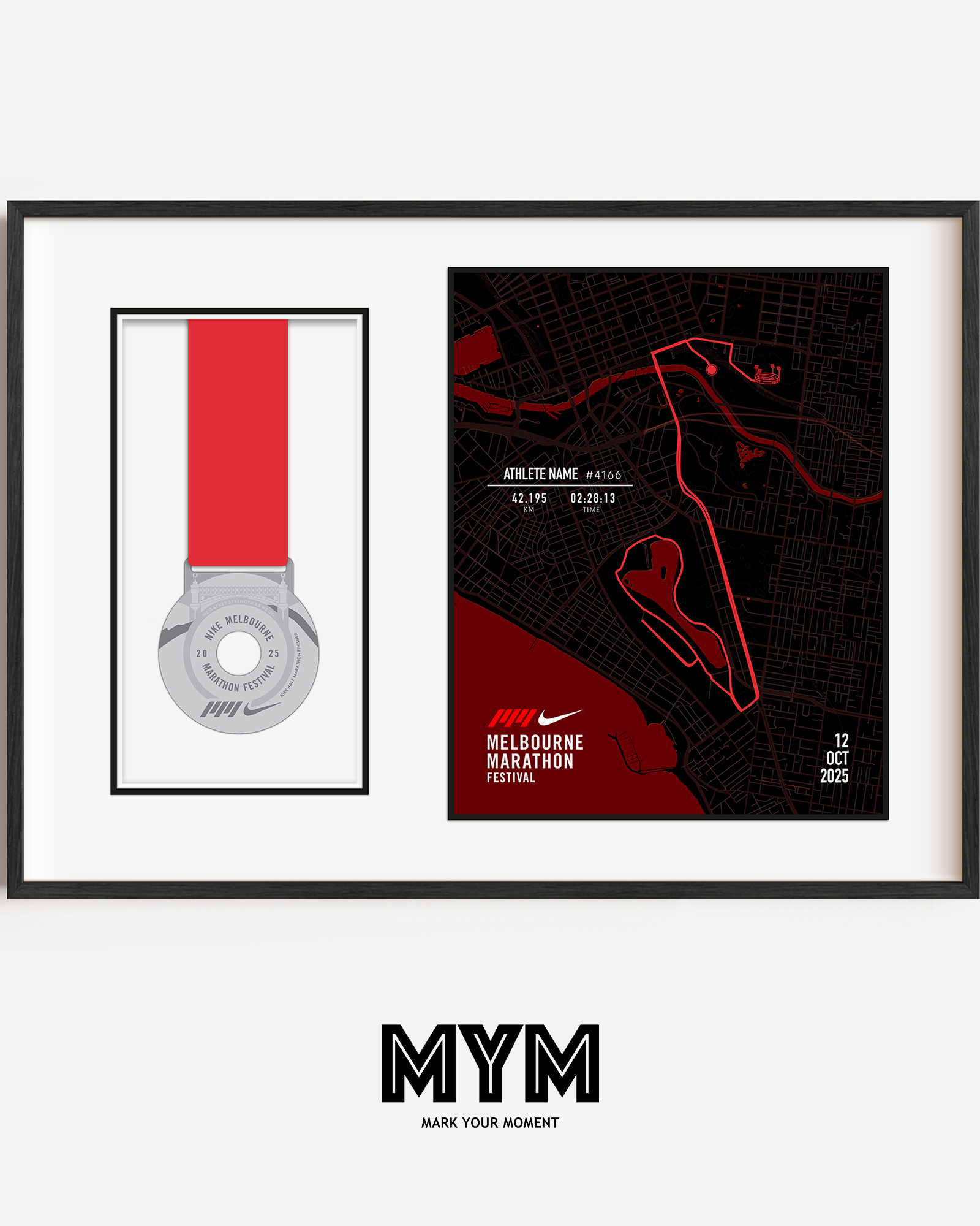 Celebrate your run with the Official 2025 Melbourne Half Marathon Medal Display Frame, featuring a personalised print of the full race course to the MCG alongside your name, bib number, and finish time—professionally framed beside your finisher’s medal in a sleek commemorative design.