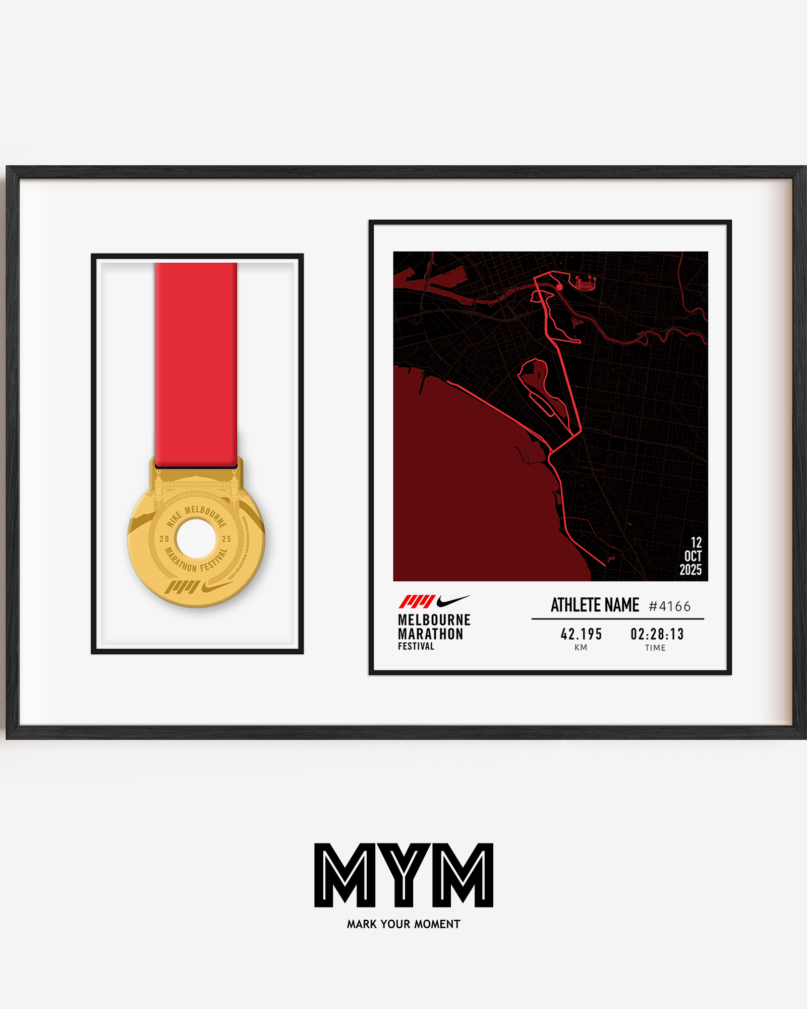 Celebrate your run with the Official 2025 Melbourne Marathon Medal Display Frame, featuring a personalised print of the full race course to the MCG alongside your name, bib number, and finish time—professionally framed beside your finisher’s medal in a sleek commemorative design.