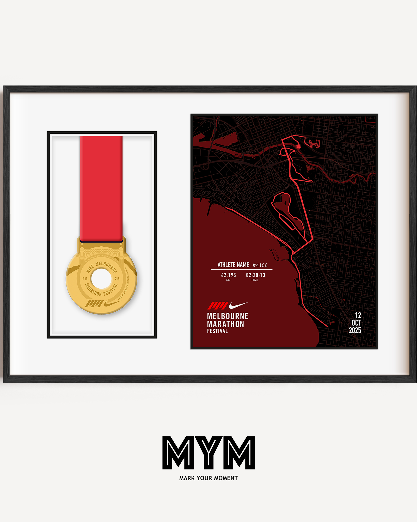 Celebrate your run with the Official 2025 Melbourne Marathon Medal Display Frame, featuring a personalised print of the full race course to the MCG alongside your name, bib number, and finish time—professionally framed beside your finisher’s medal in a sleek commemorative design.