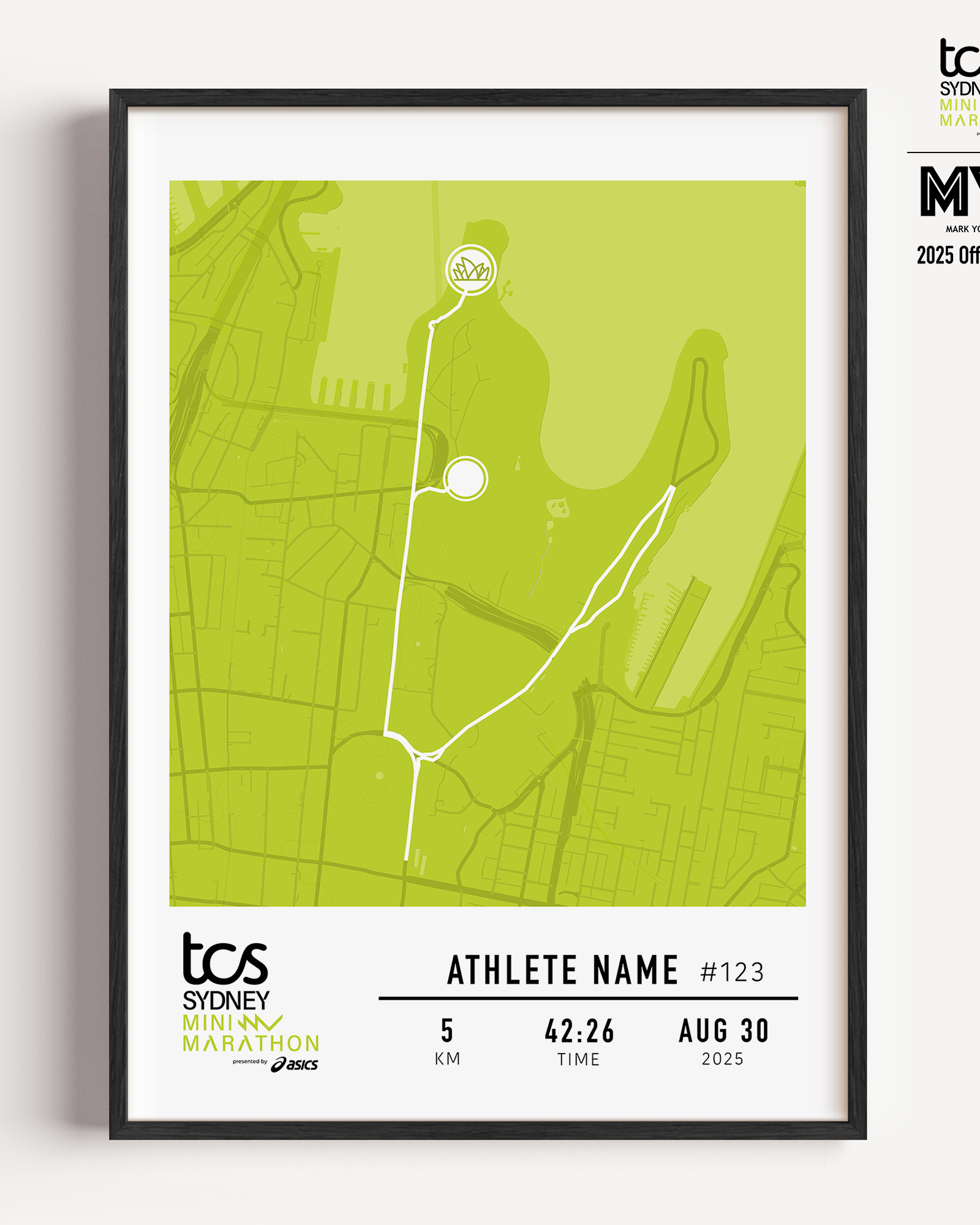 Framed custom print of the 2025 TCS Sydney Mini Marathon, featuring a bright green race map with a simple 5K route. Personalised with the athlete's name, bib number, finish time, and date. Part of the official MYM (Mark Your Moment) collection.