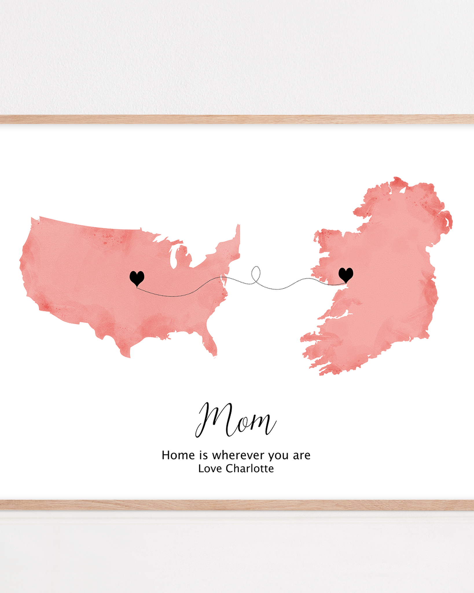 Custom long-distance mum gift featuring a world map with hearts connecting two places—symbolizing the love and connection between mother and child across distance.