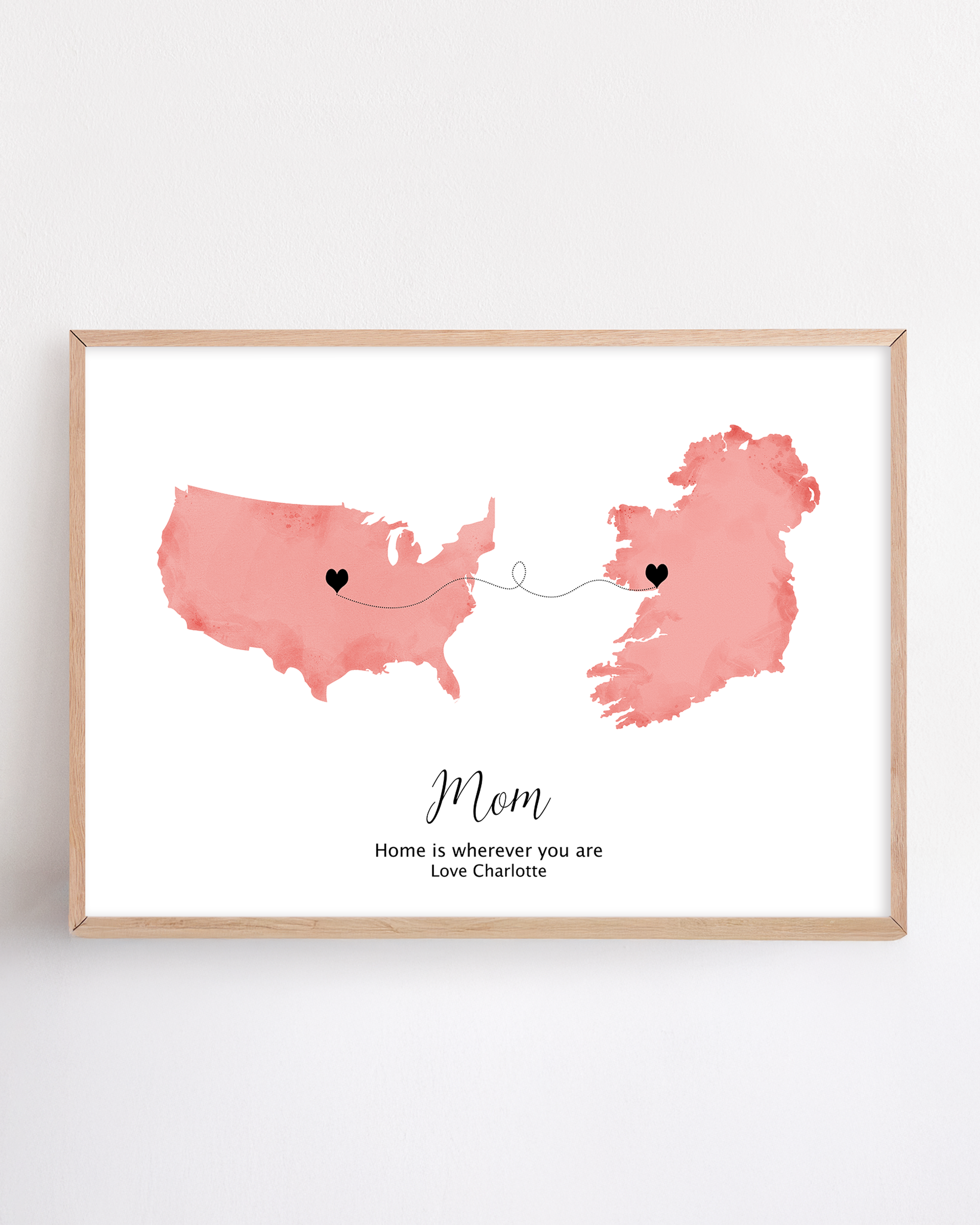 Custom long-distance mum gift featuring a world map with hearts connecting two places—symbolizing the love and connection between mother and child across distance.