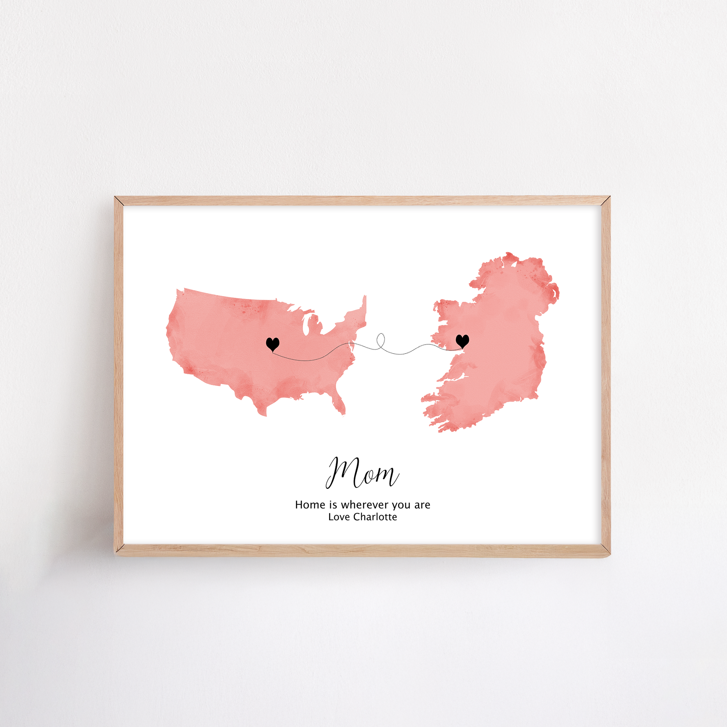 Custom long-distance mum gift featuring a world map with hearts connecting two places—symbolizing the love and connection between mother and child across distance.
