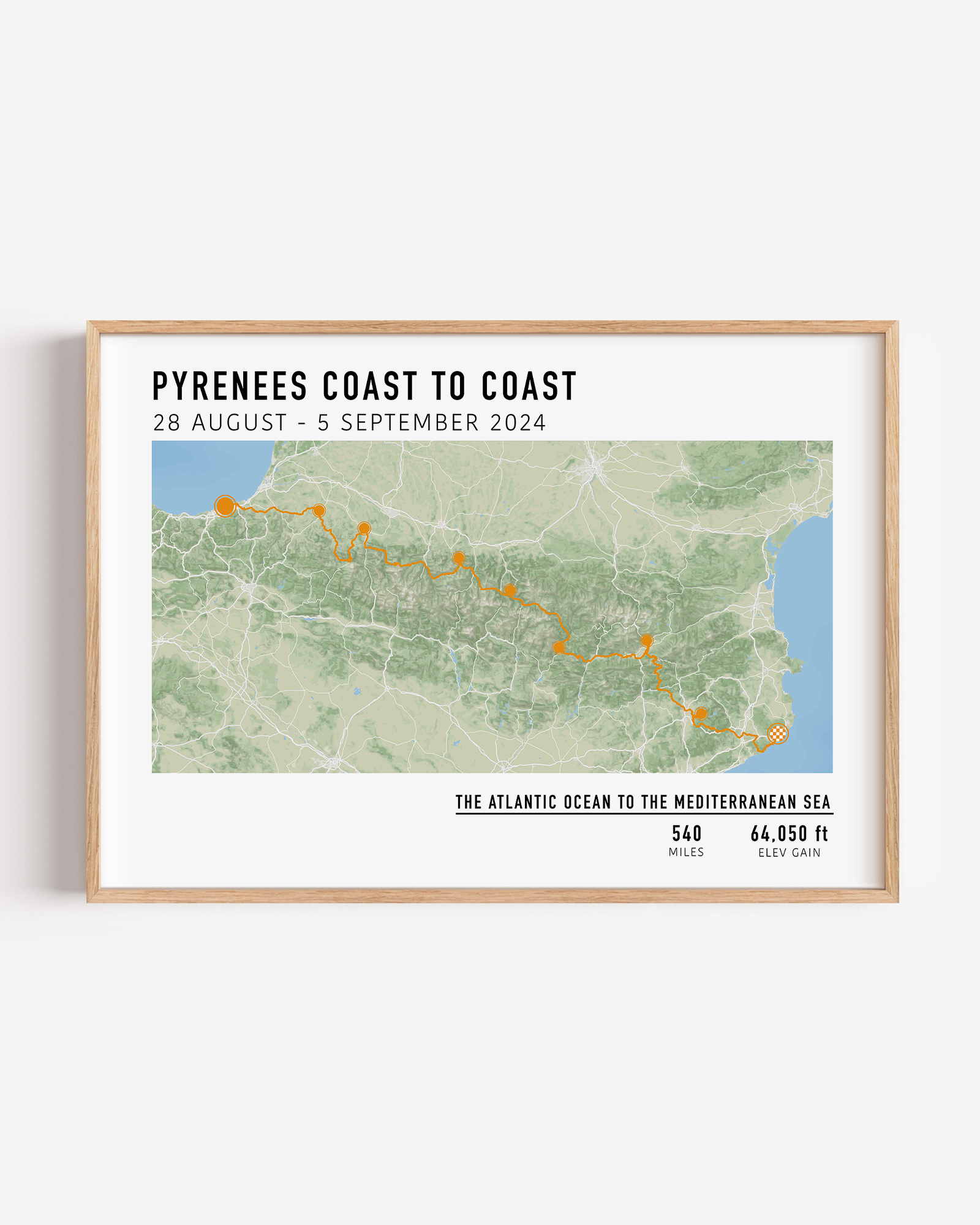 Multi-day bike ride wall art with custom route, elevation, and stats