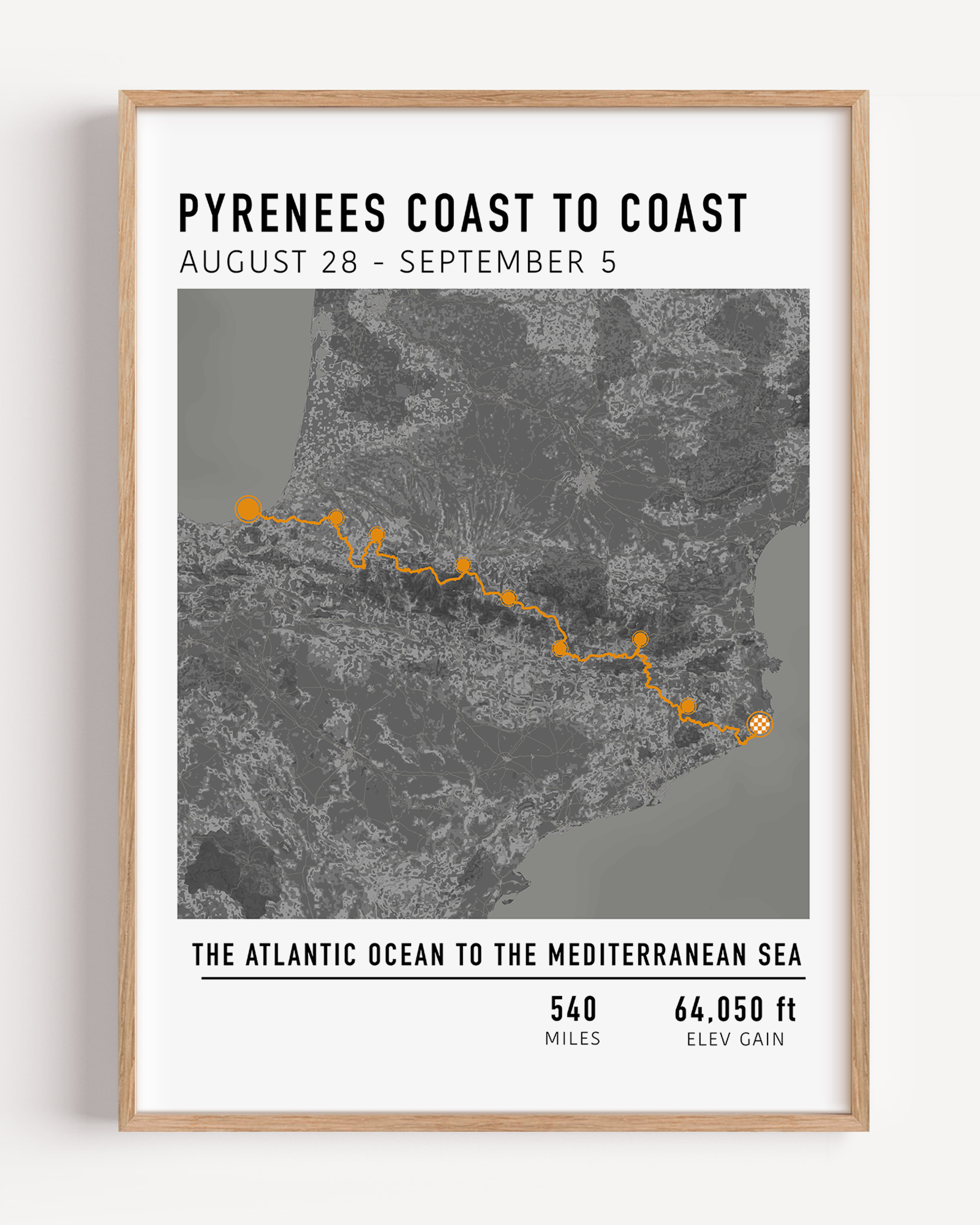 Personalised multi-day cycling map print featuring a custom route, elevation profile, and key milestones. Perfect gift for cyclists to commemorate epic bike tours, endurance rides, and cycling adventures.