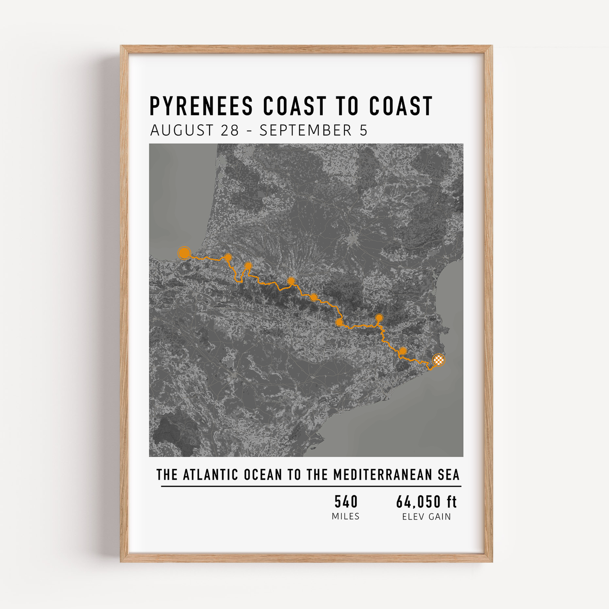 Personalised multi-day cycling map print featuring a custom route, elevation profile, and key milestones. Perfect gift for cyclists to commemorate epic bike tours, endurance rides, and cycling adventures.