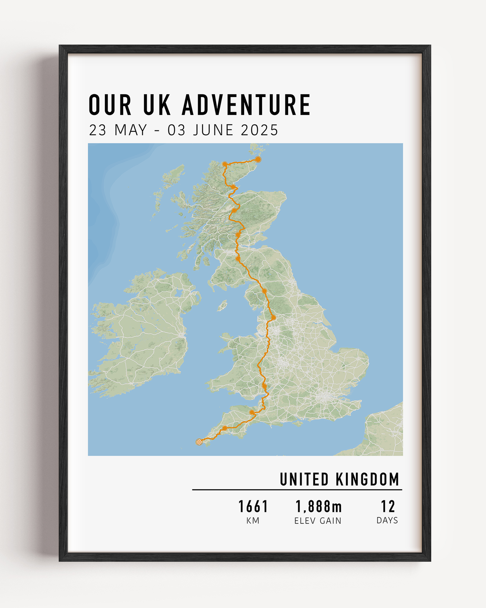 Personalised multi-day cycling map print featuring a custom route, elevation profile, and key milestones. Perfect gift for cyclists to commemorate epic bike tours, endurance rides, and cycling adventures.