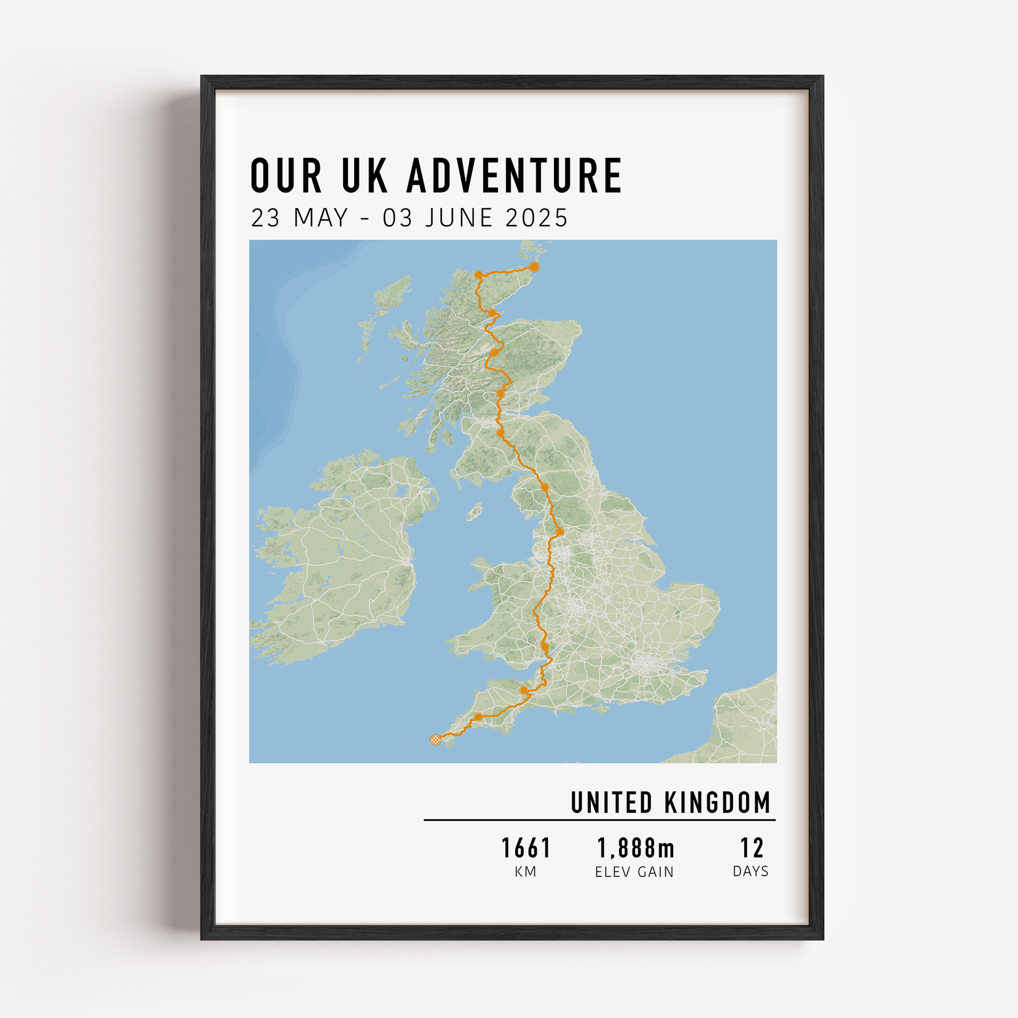 Personalised multi-day cycling map print featuring a custom route, elevation profile, and key milestones. Perfect gift for cyclists to commemorate epic bike tours, endurance rides, and cycling adventures.