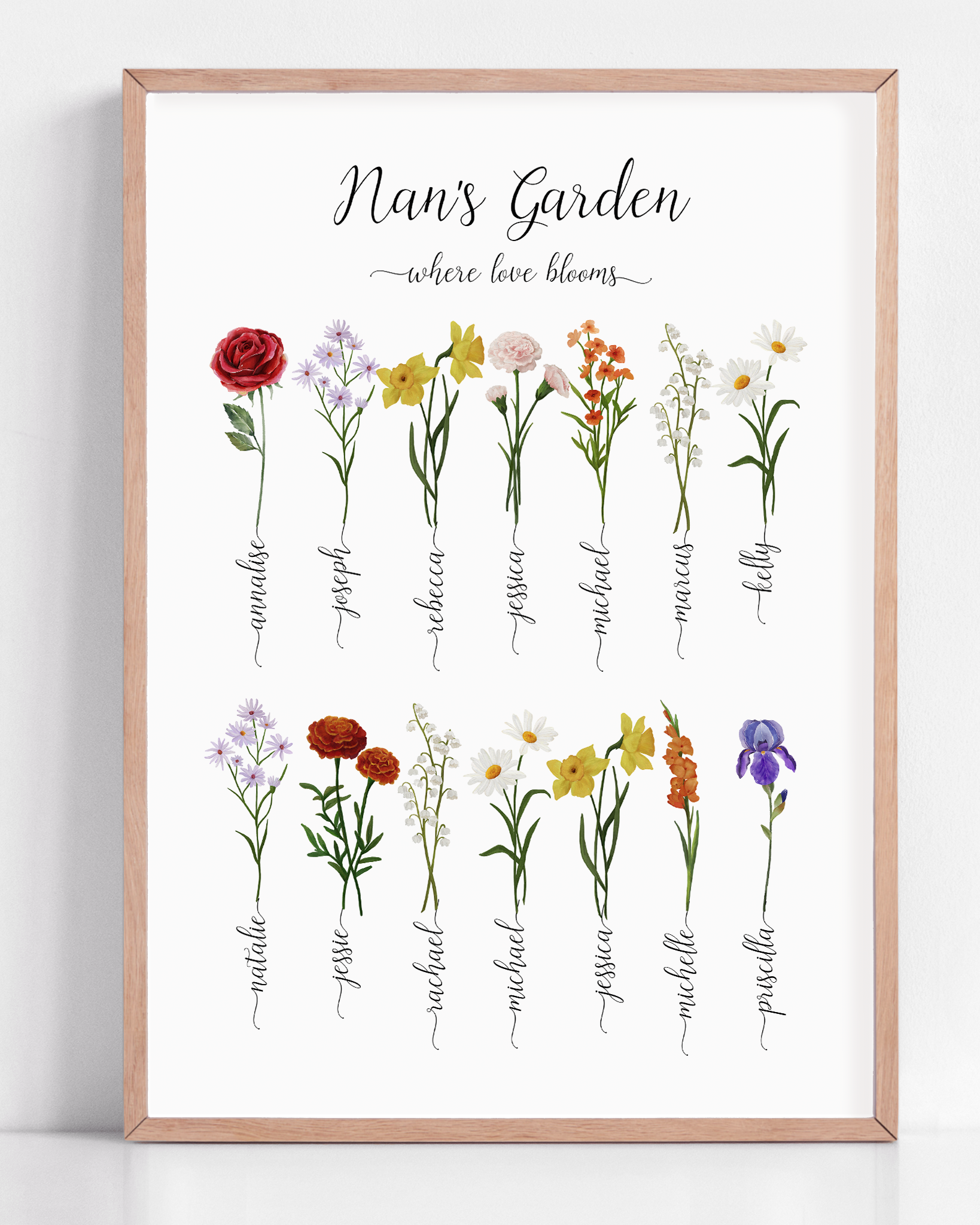 A beautiful framed print titled "Grandma's Garden," featuring delicate illustrations of birth month flowers representing each grandchild, creating a heartfelt and personalized gift for Grandma.