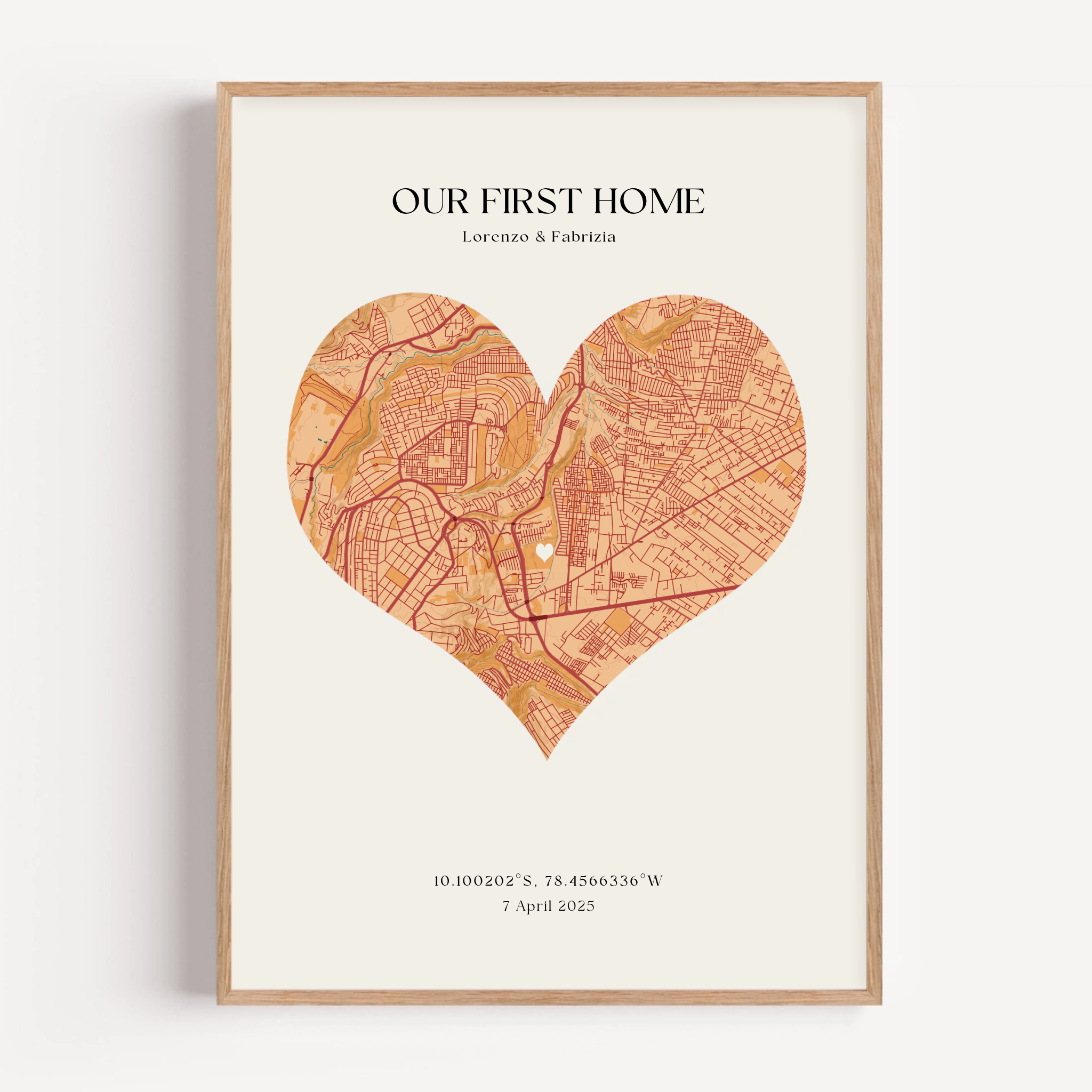 Personalized heart shaped new home map print showing custom address and names in elegant minimalist wall art design