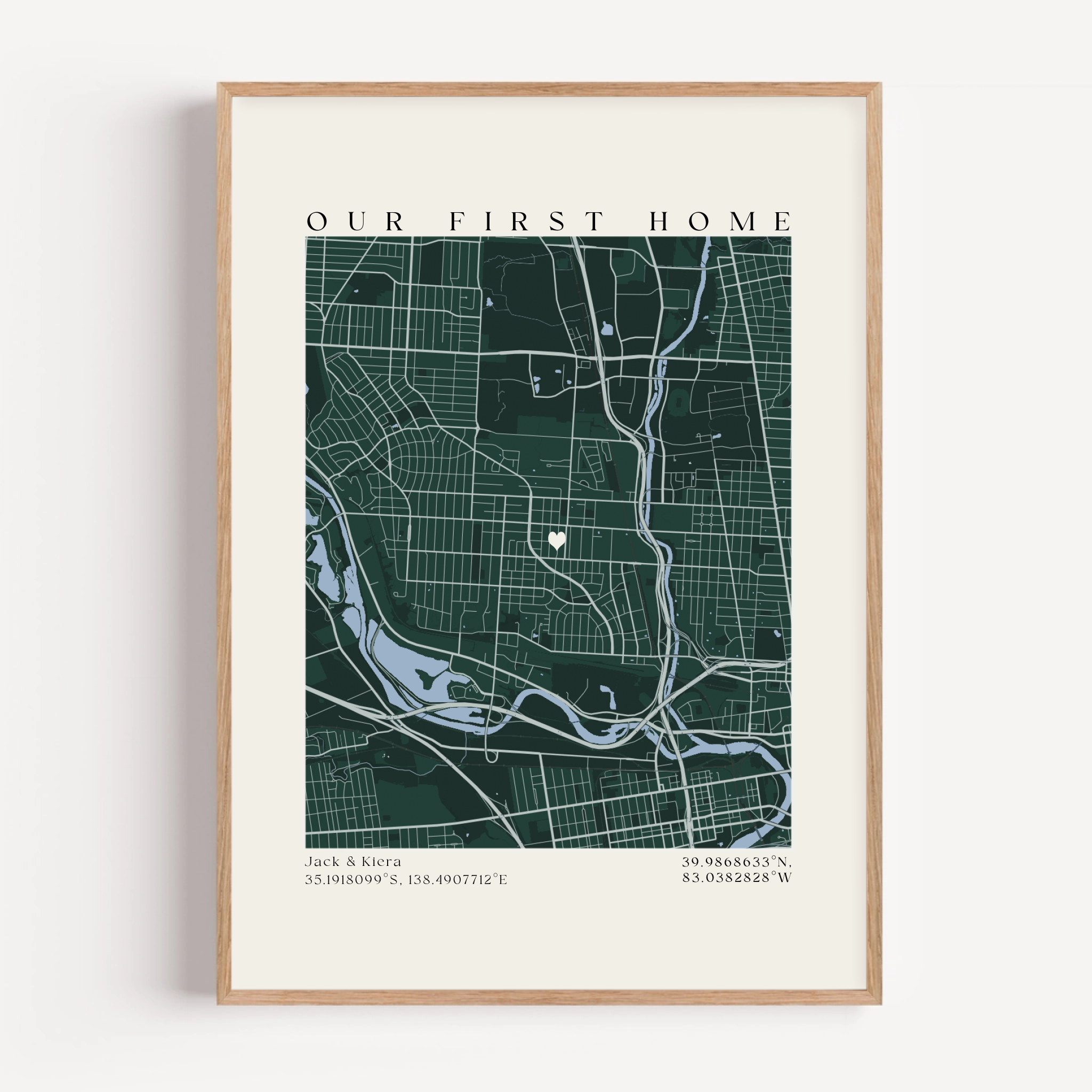 Close up of personalized home location map print featuring custom wording and detailed street design