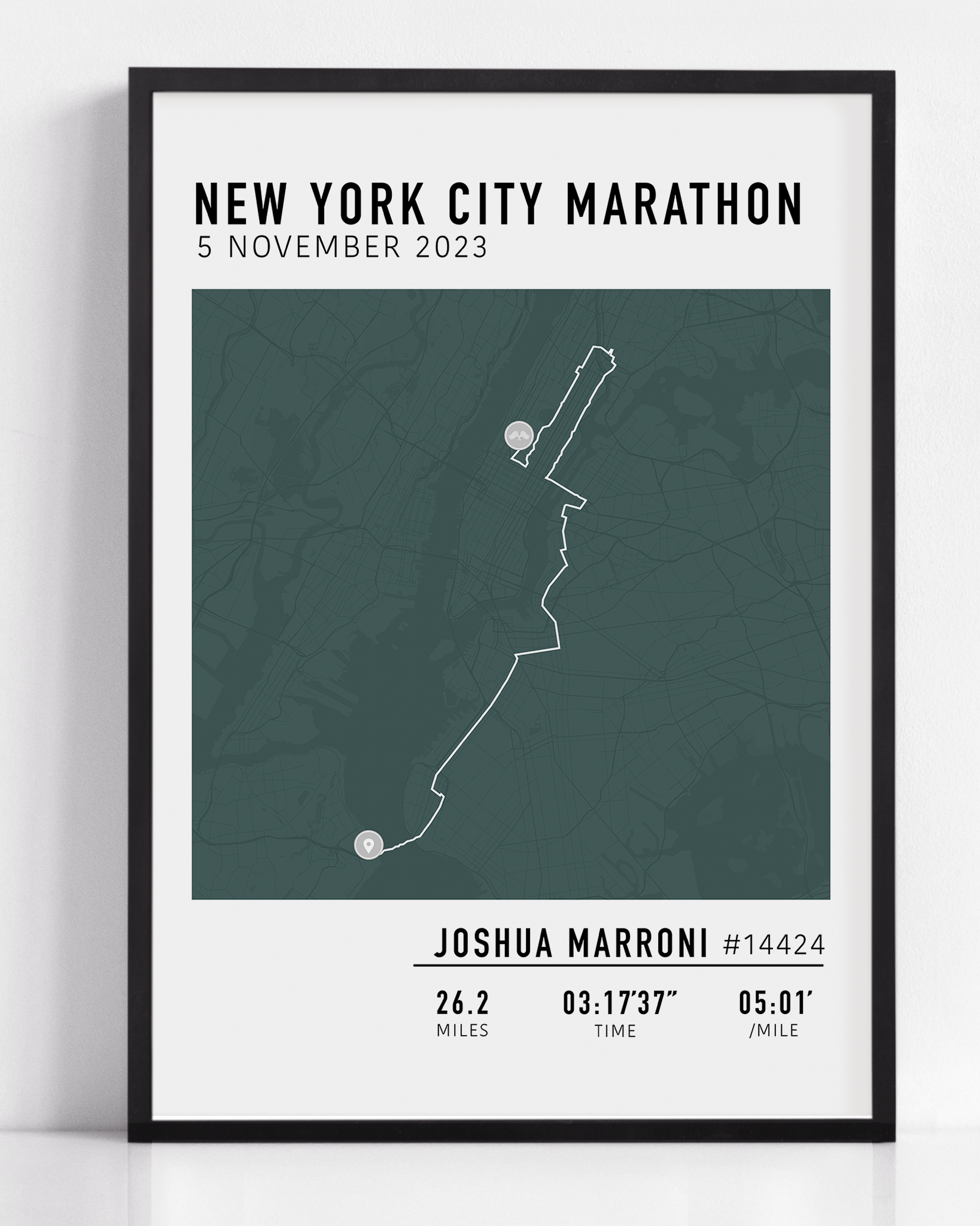 Framed custom art print of a marathon route, showing a minimalist line map of the running course with labeled start and finish points, event name, date, and distance.