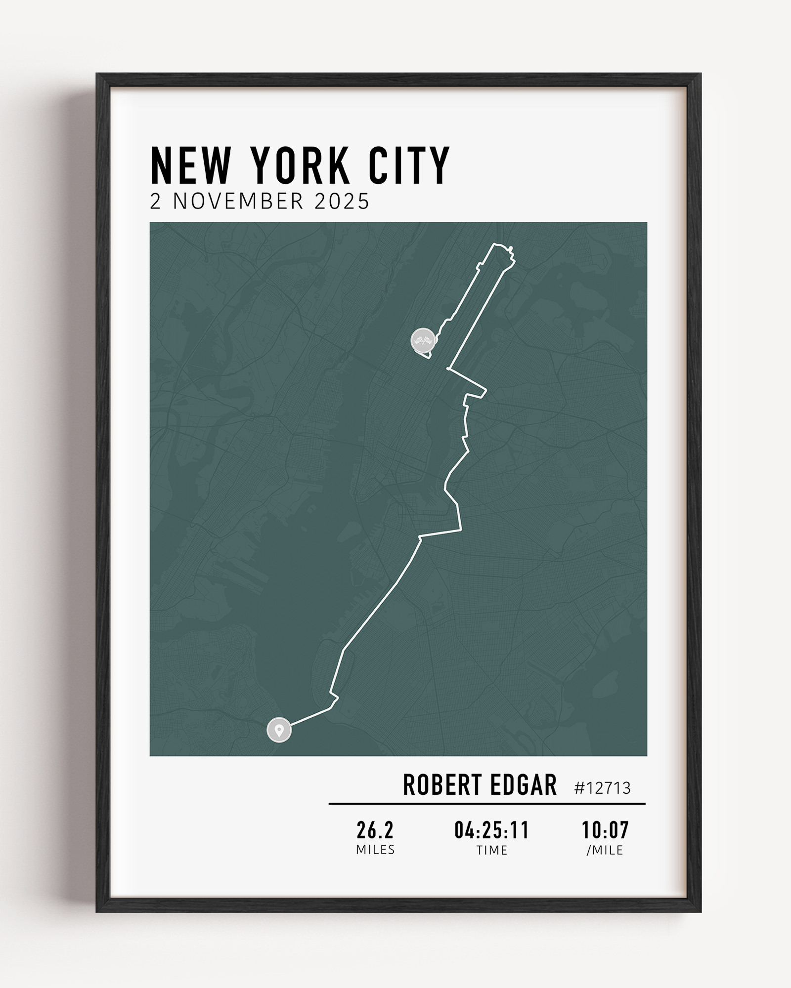 Framed map print of New York City Marathon with personalized details on a white background