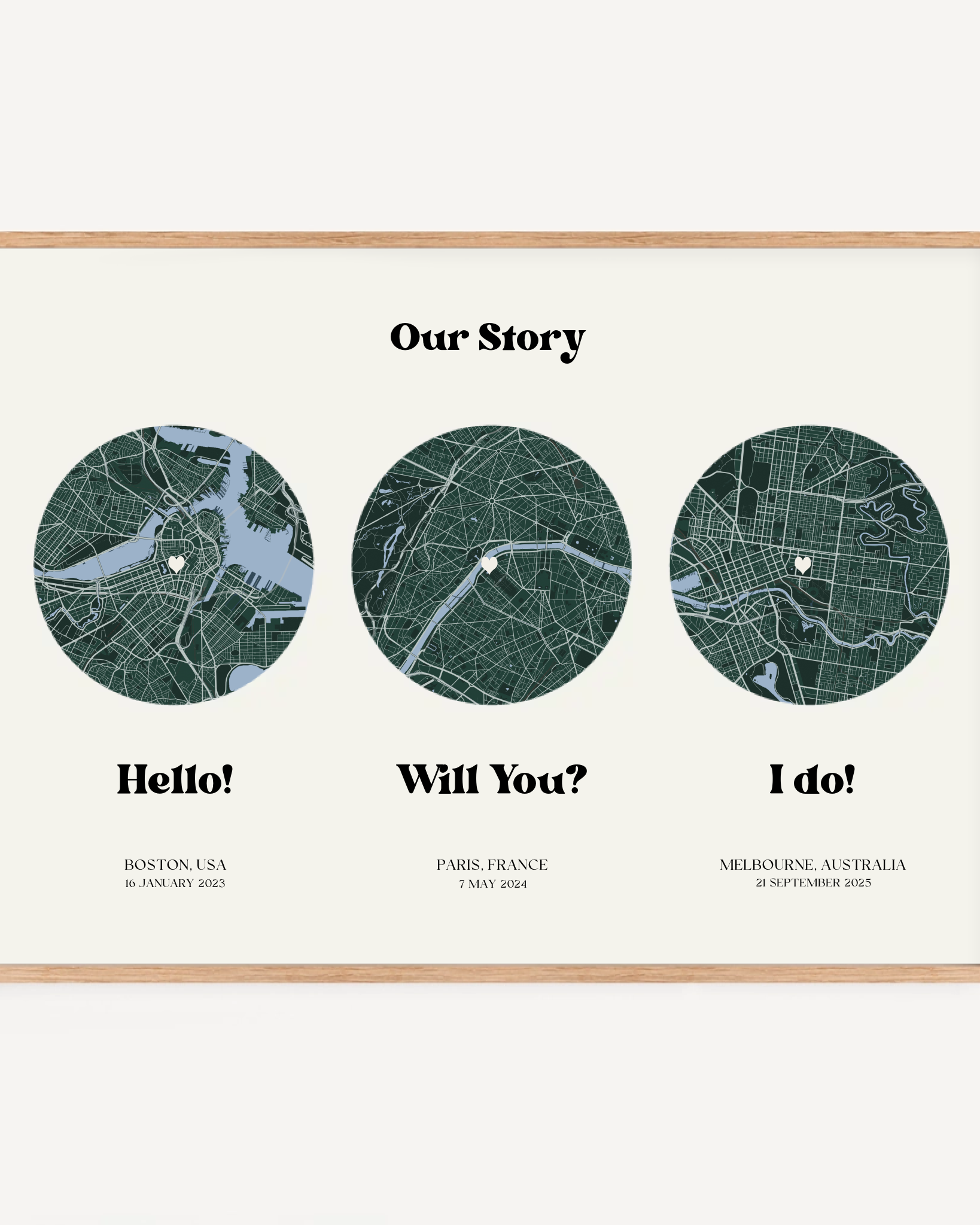 Personalised wedding gift print featuring Hello, Will You and I Do milestones with modern, elegant typography.