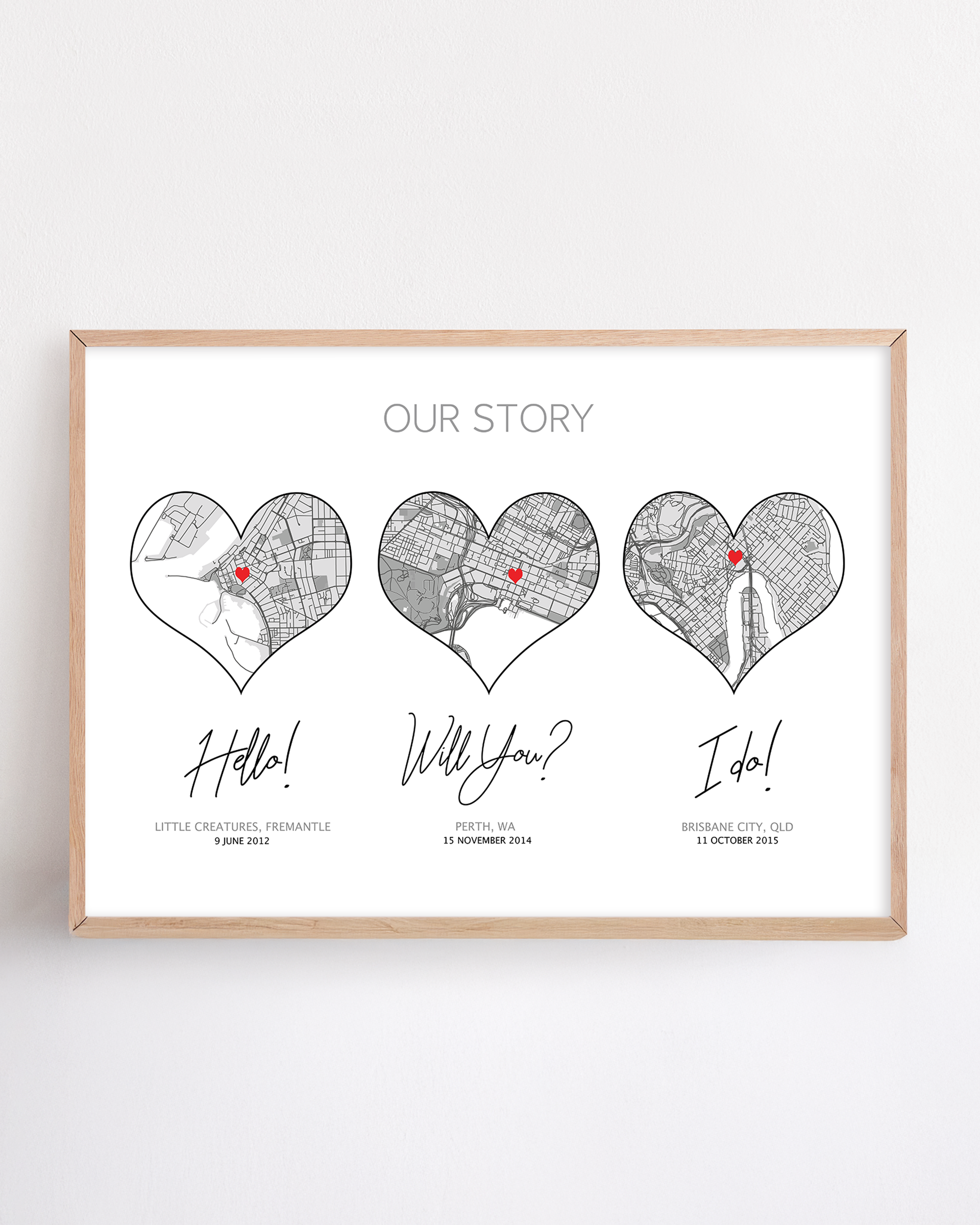 our story 3 hearts print framed custom hello will you i do framed location print