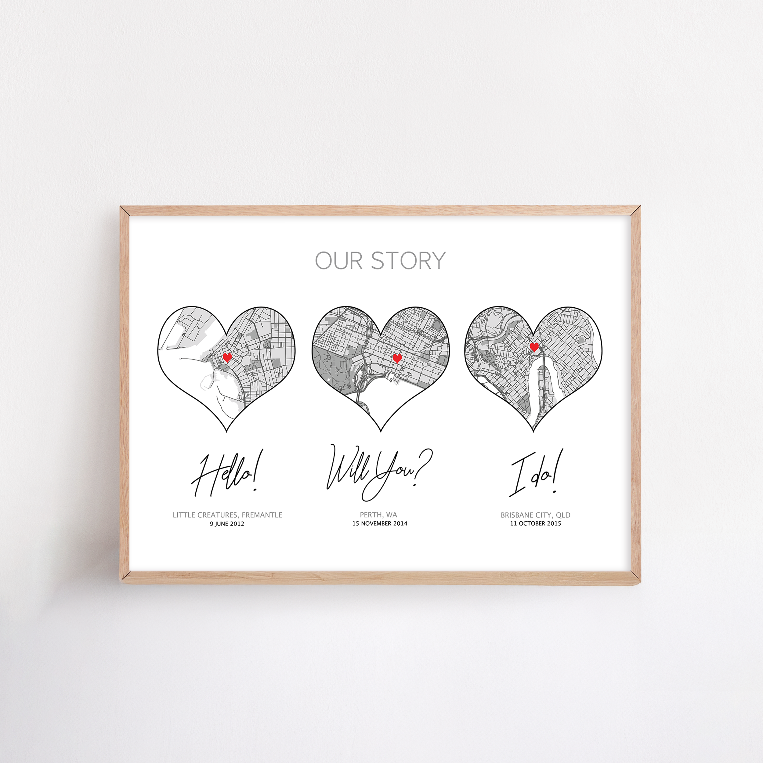 our story 3 hearts print framed custom hello will you i do framed location print