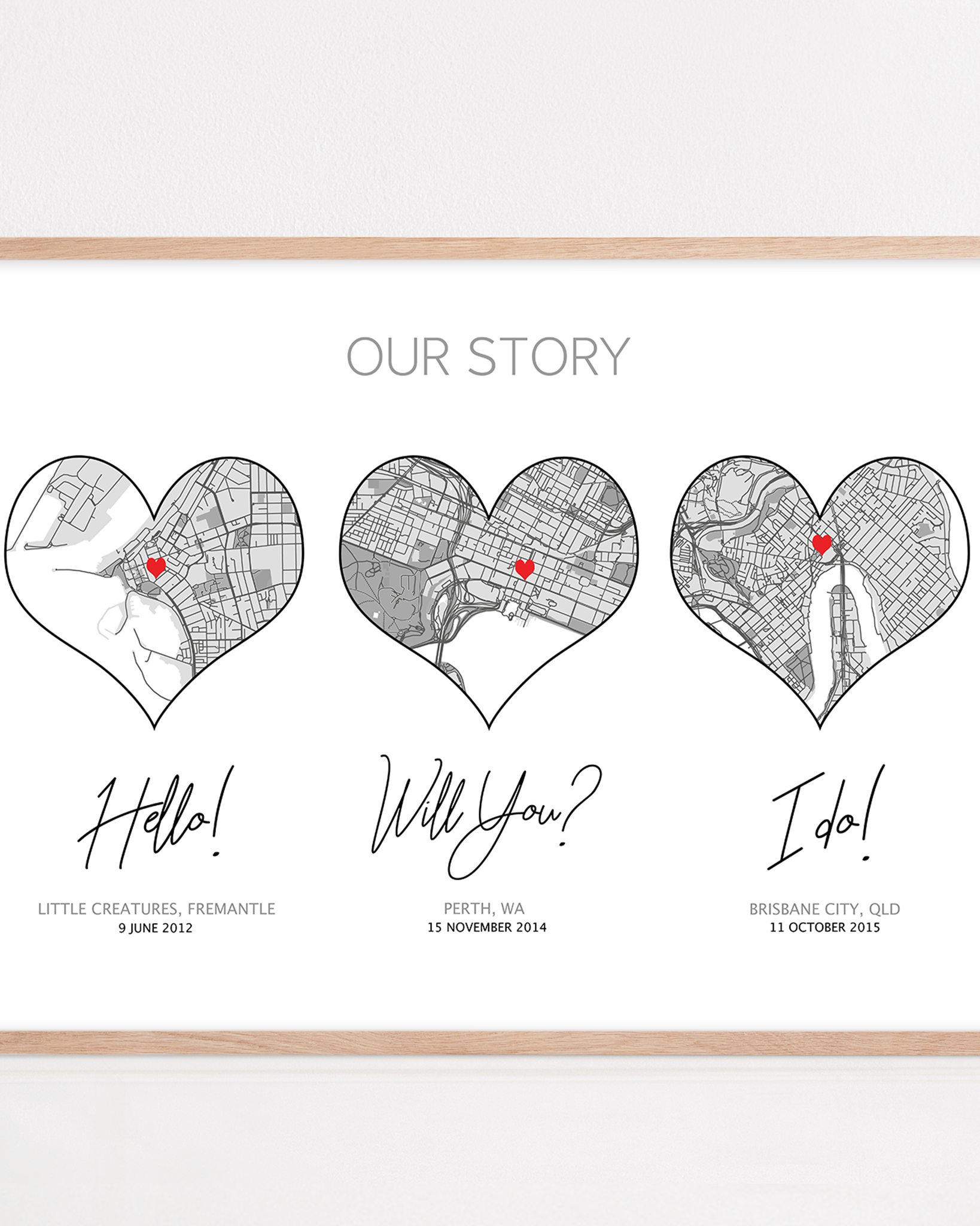our story 3 hearts print framed custom hello will you i do framed location print