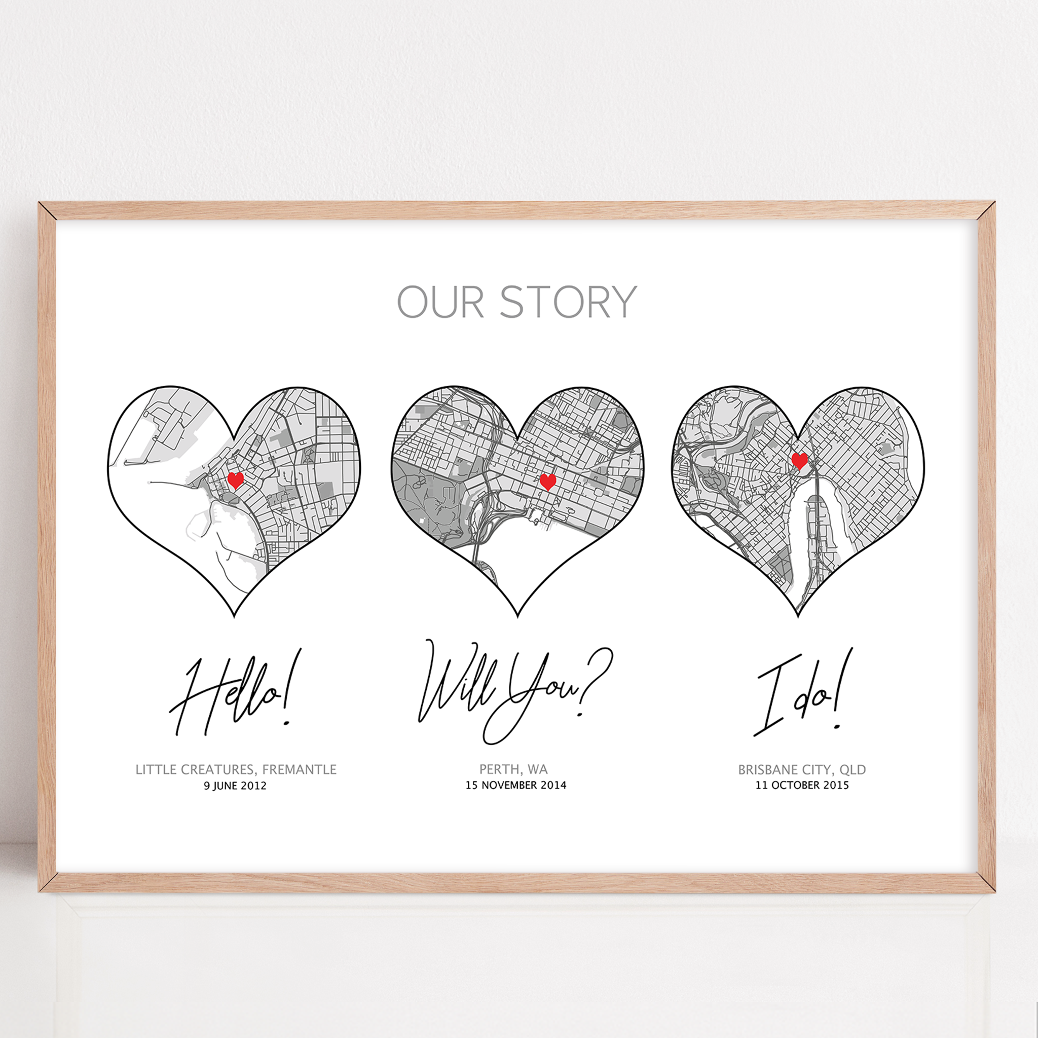 our story 3 hearts print framed custom hello will you i do framed location print