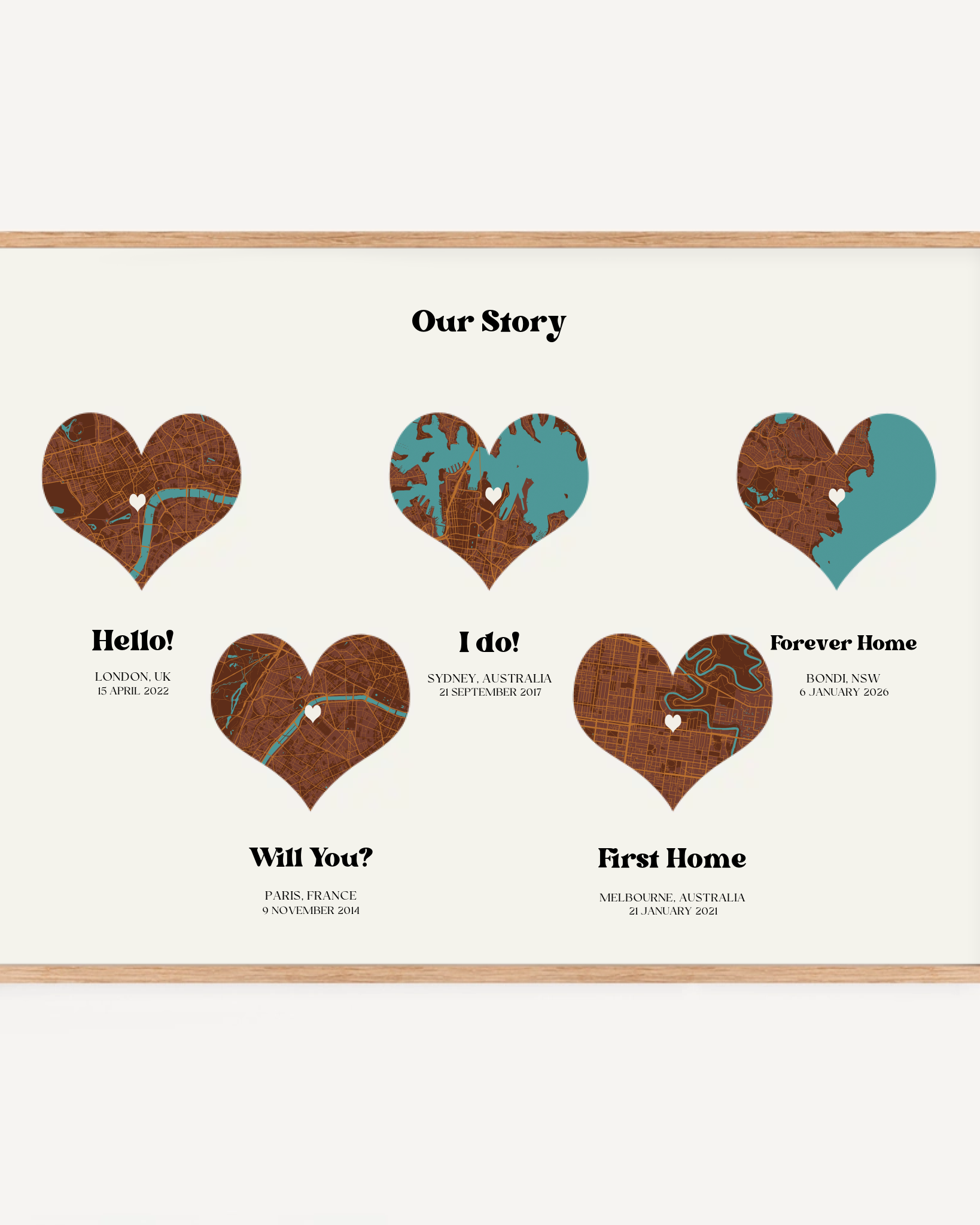 Custom family story map print showcasing important places and memories, designed as unique wall art.