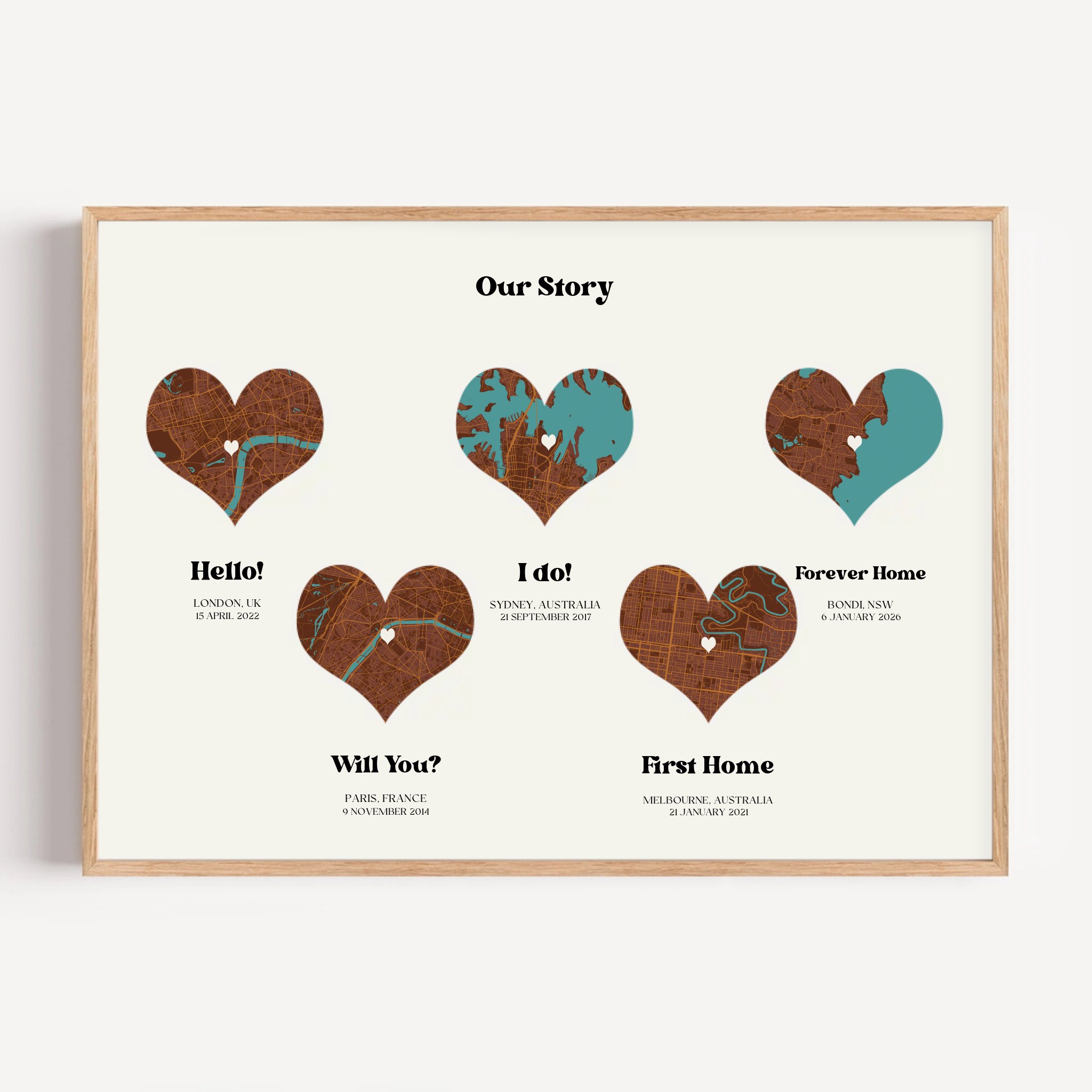 Custom family story map print showcasing important places and memories, designed as unique wall art.