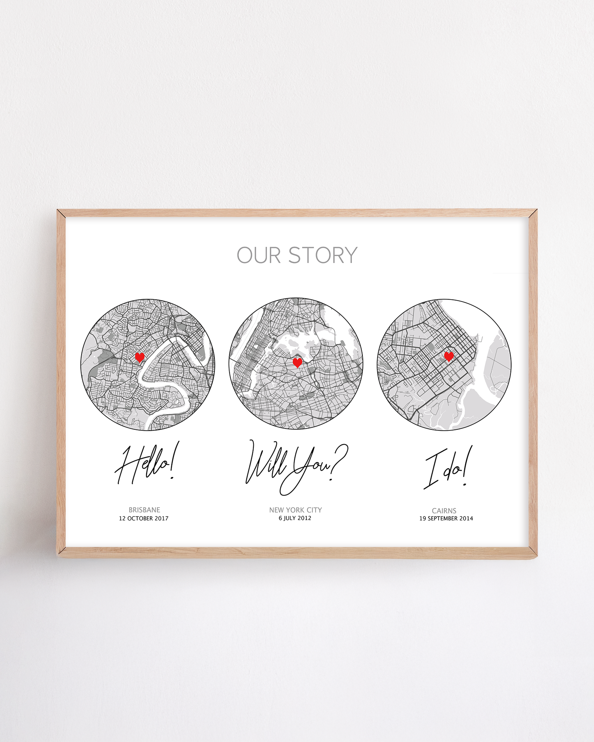 our story paper anniversary gift framed print of when you met, engaged and married