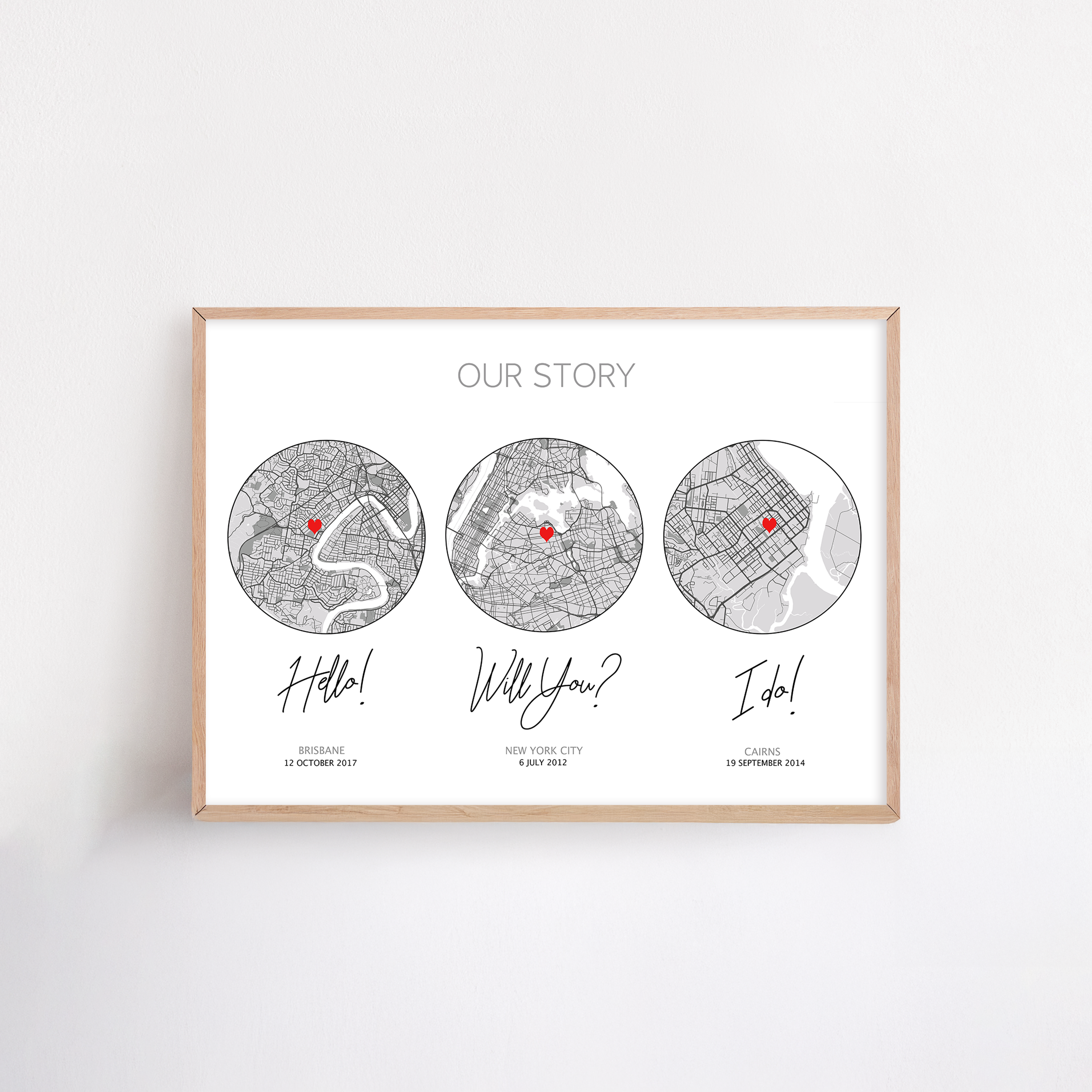 our story paper anniversary gift framed print of when you met, engaged and married